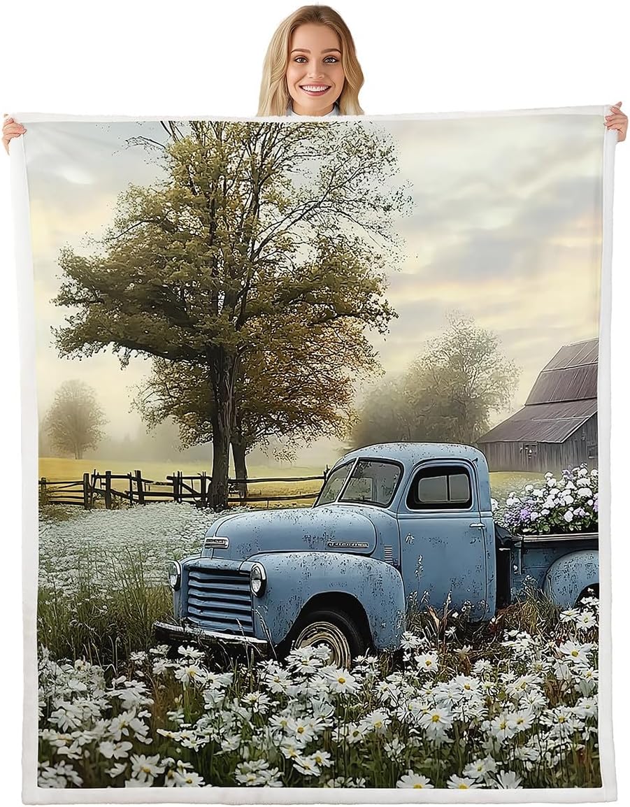 Erosebridal Farmhouse Fleece Blanket Throw 50"x60" Old Barn Sherpa Blanket for Young Teens Country Antique Pickup Truck Blue Car White Flowers Retro Tree Spring Fuzzy Plush Throw