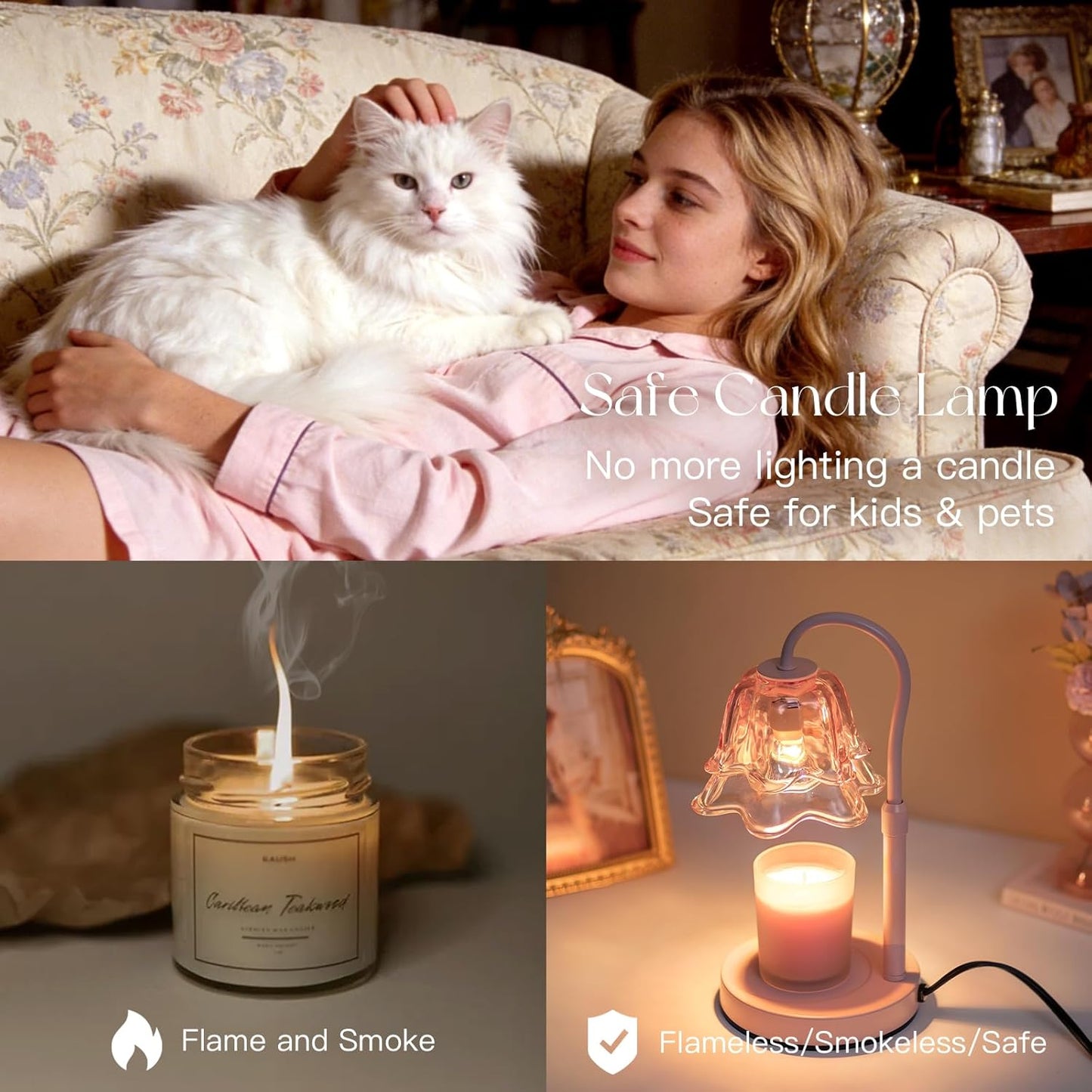 Candle Warmer Lamp with Timer: Pink Flower Candle Warming Lamp with 2 Bulbs Height Adjustable Wax Warmer Dimmable Coquette Preppy Room Home Decor Mothers Day Gift for Women
