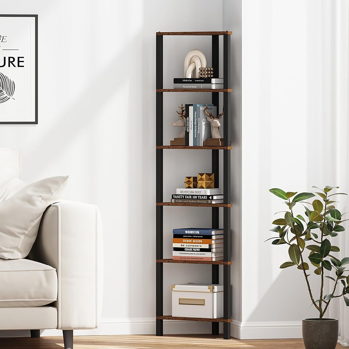 TUTOTAK Corner Shelf, 6-Tier Corner Bookshelf for Small Space, Narrow Display Corner Shelf Stand with Storage Rack, for Living Room, Bedroom, Rustic Brown BS05BB006