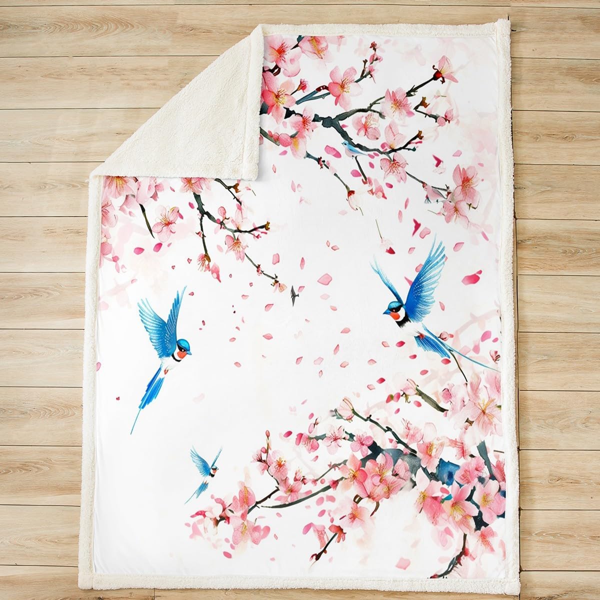 Blue Bird Bed Blanket Peach Blossom Throw Blanket Lightweight Soft Cozy Luxury Pink Flowers Fleece Blanket Cartoon Birds Flannel Blanket for Sofa Bedroom Office Travel All Season(Twin 60"x80")