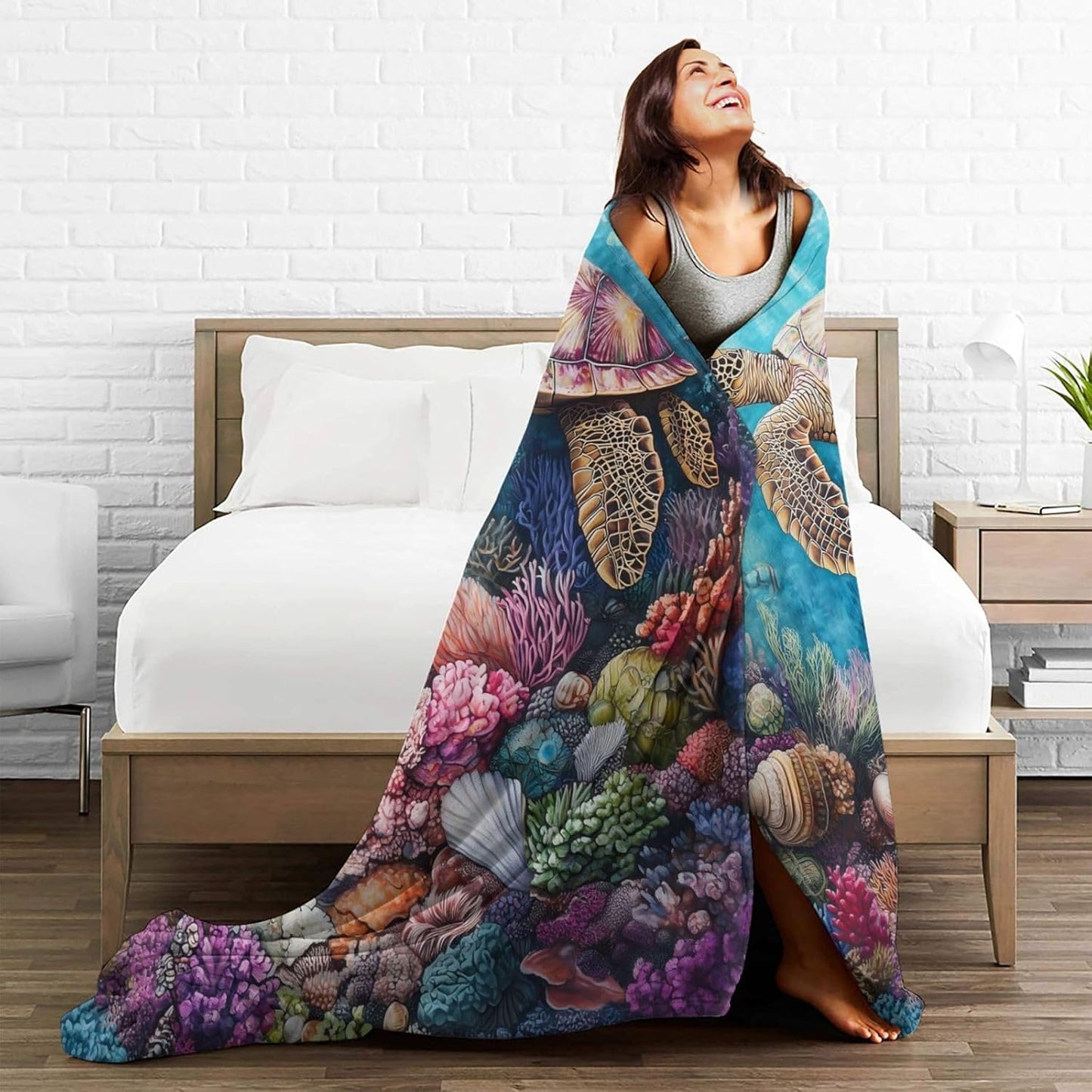 Sea Turtle Blanket for Women Kids Adults, Flannel Coral Ocean Animal Sea Turtle Throw Blankets Decor for Bed Living Room Sofa Couch Traveling, Soft Warm Lightweight Plush Turtle Gifts Stuff 50x60in