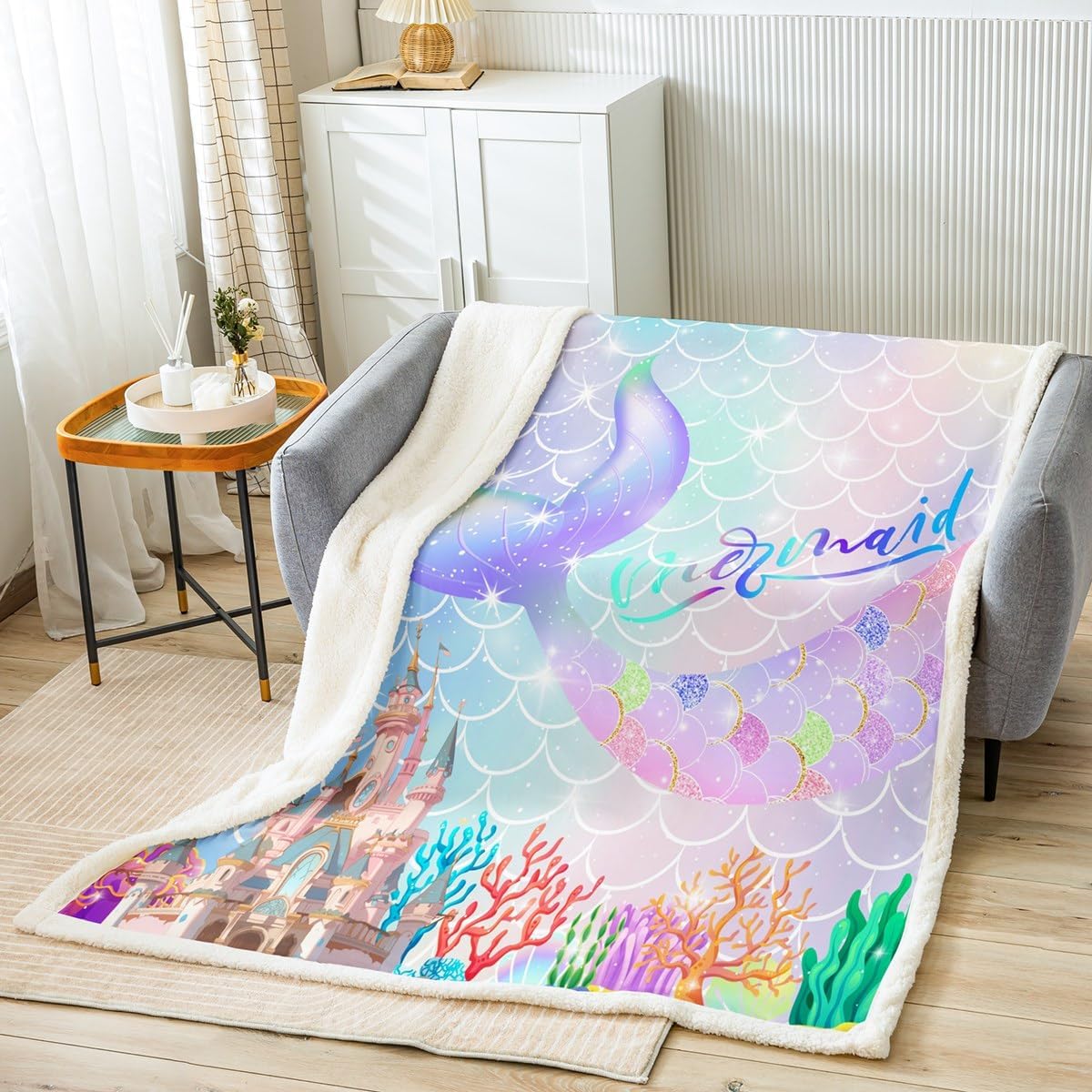 Mermaid Tail Bed Blanket Cartoon Mermaid Scale Blanket for Girly Toddler,Little Girls Mermaid Decor Throw Blanket Dreamy Sealife Fleece Blanket Sparkle Coastal Creature Couch Sofa Decor 50"x60"