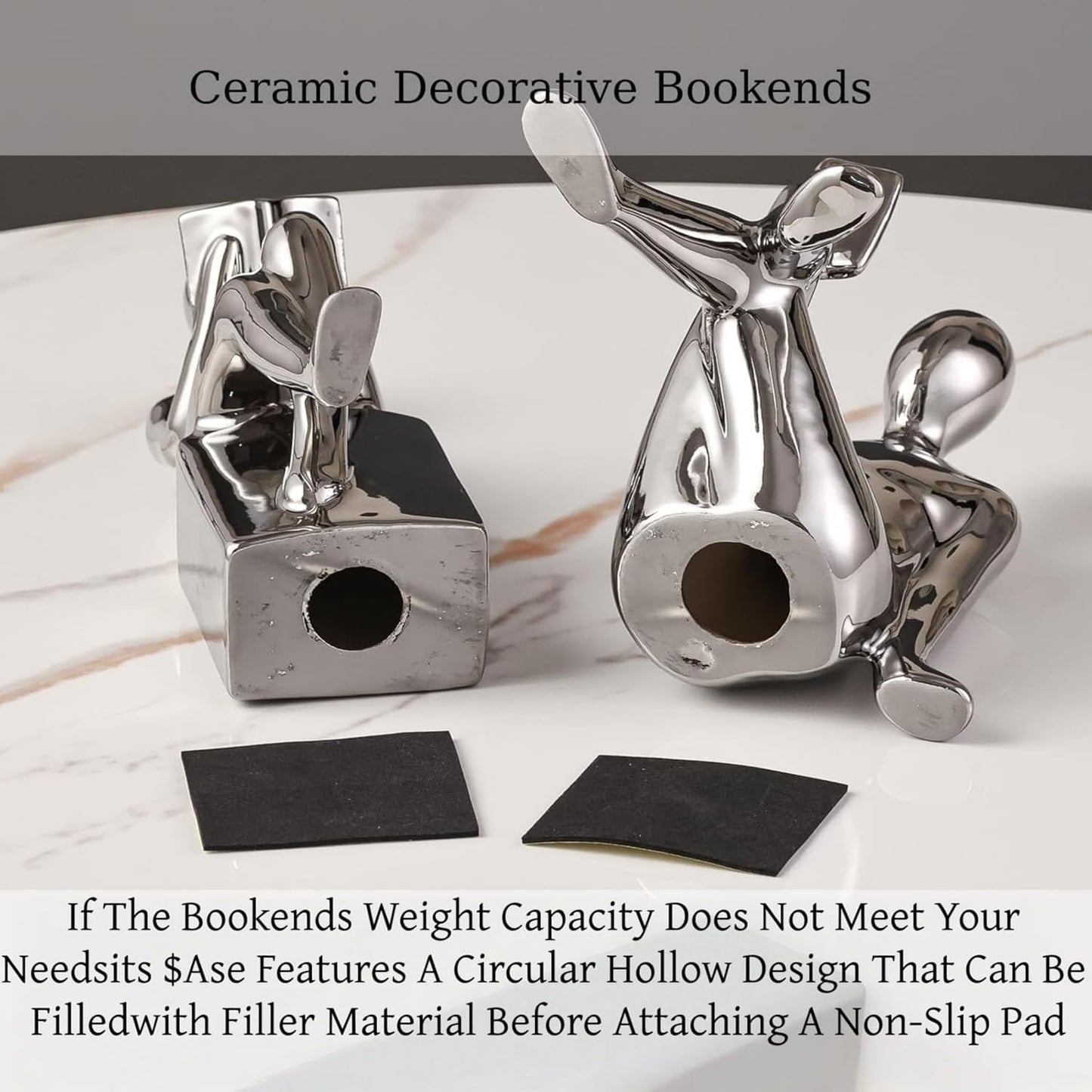 Ceramic Decorative Bookends Set of 2, Heavy Duty for Heavy Books, Cute Home Office Shelf Library Decor (Silver)