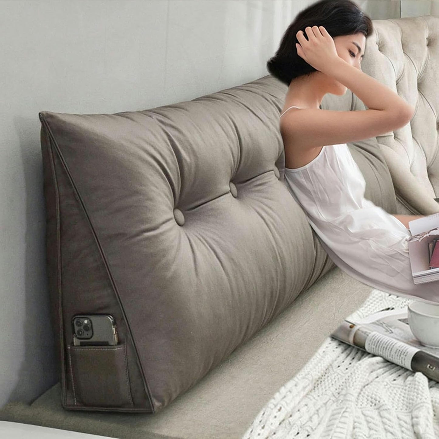 FLTRGO Triangular Headboard Pillow Daybed Back Wedge Pillow Large Bolster Reading Backrest Pillow Body Positioning Support Cushion with Removable Cover