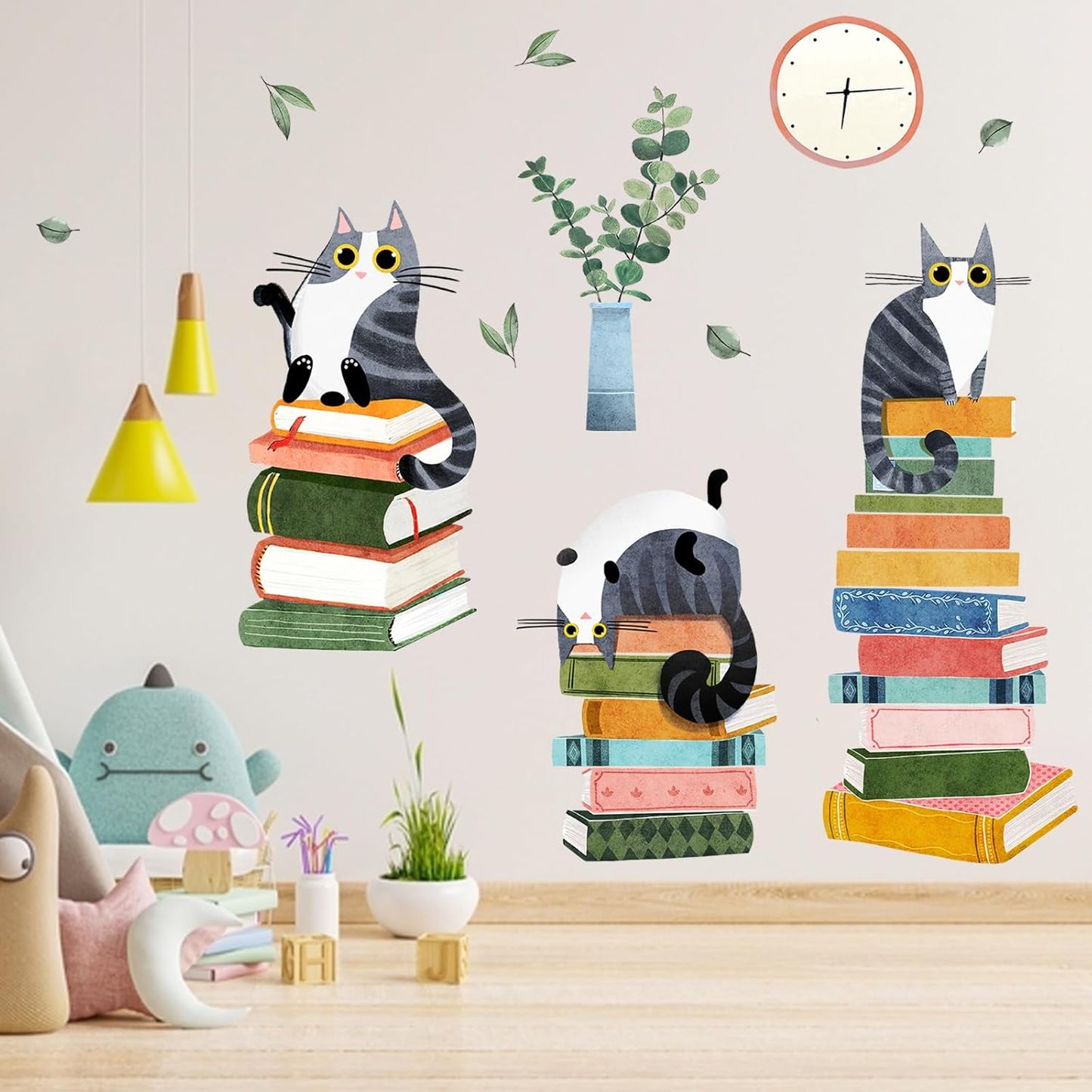 Mfault Cats Reading Books Wall Decals Stickers, Kitty Kitten Neutral Nursery Decorations Study Classroom Bedroom Art, Plant Leaves Reading Corner Toddler Kids Room Home Decor Gifts