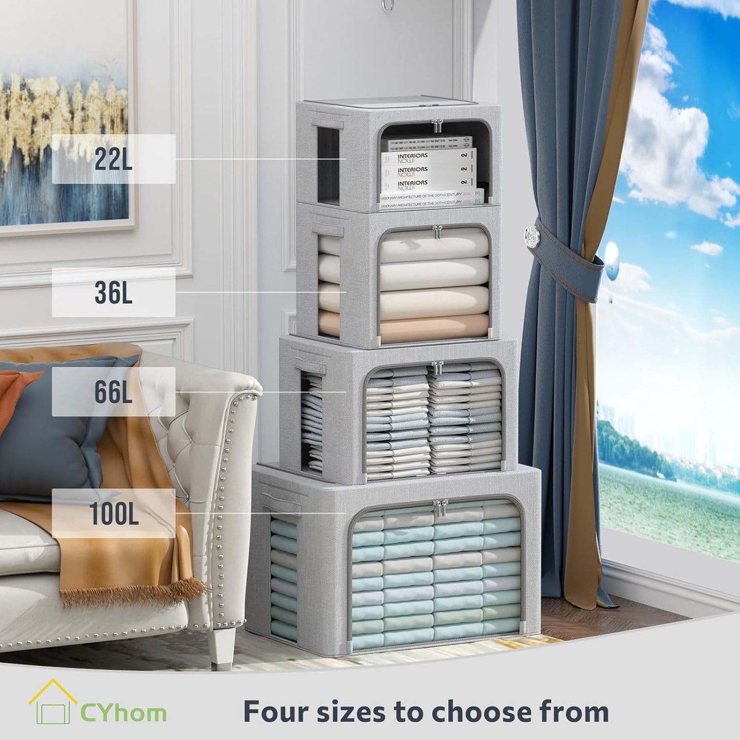 CYhom 4 Pack Clothes Storage Bins with Metal Frame - Linen Fabric Foldable Stackable Container Organizer Set with Clear Window & Carry Handles & Zippers (Light Grey, 23.6"x16.5"x15.7")