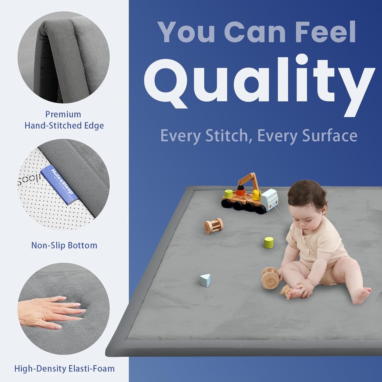 Ultra Soft Baby Play Mat for Floor,1.3" Thick Elasti-Foam 50x50 Playpen Mat for Toddlers Infant kids,Non-Slip Backing Safe for Crawling&Tummy Time,Tatami Style (Dark Grey)