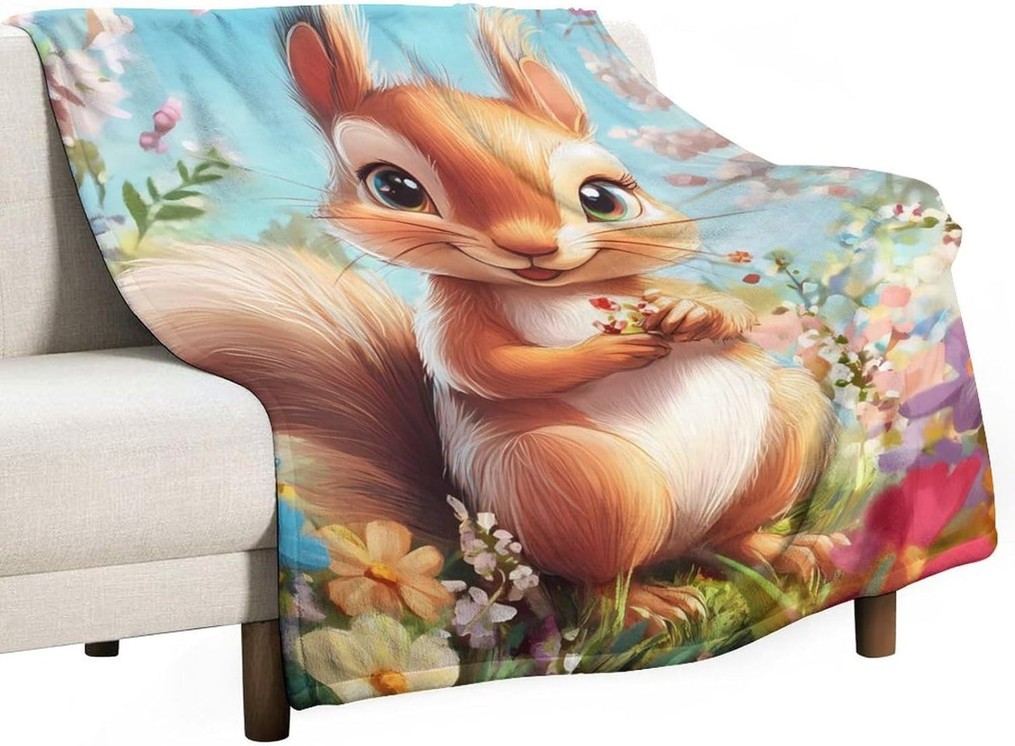 Cute Squirrel with Flowers Throw Blanket for Couch Bed Plush Cozy Fuzzy Flannel Blanket for All Season 60"x80"