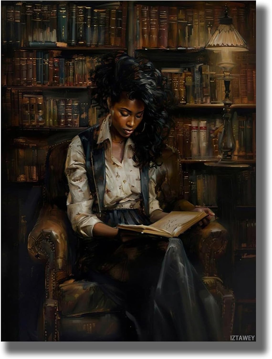 IZTAWEY Vintage Black Reading A Book Poster African American Print Black Woman Art Library Wall Decor Retro Female Portrait Oil Painting Bedroom Gallery Decor Aesthetic Poster Unframed 12x16inch