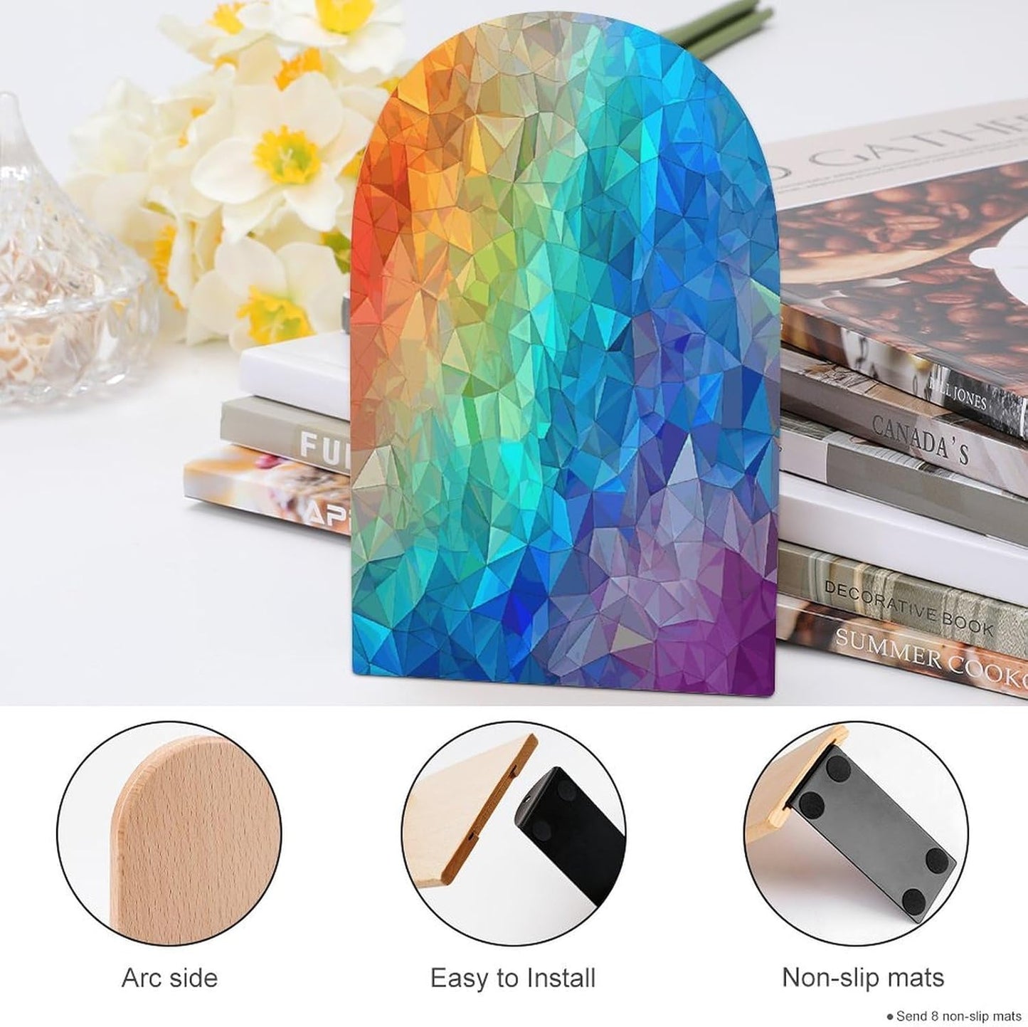 Rainbow Triangle Bookend for Shelves Wooden Book End Large Size Sturdy Book Holders Stoppers with Metal Base for Bookshelves Slick Decorative Bookends Stands