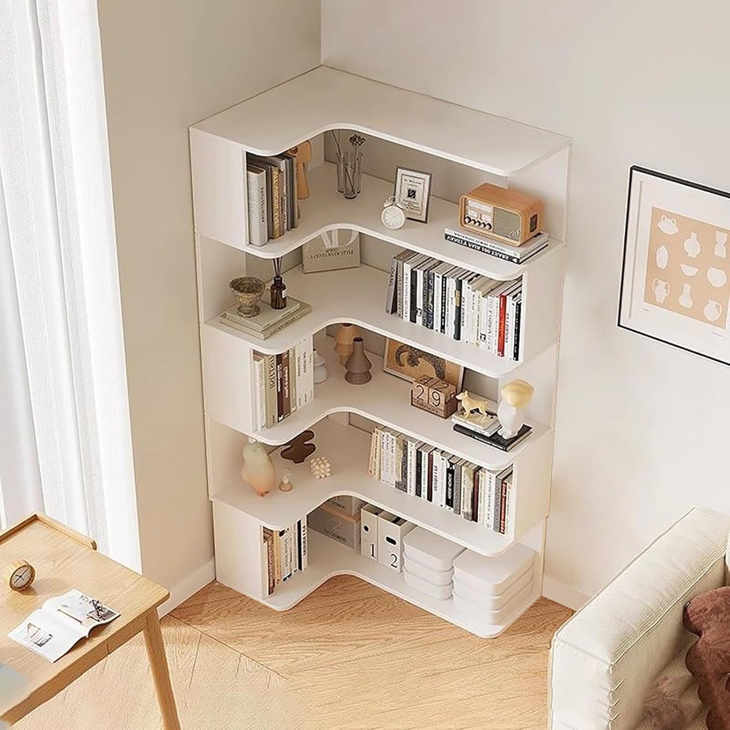 6-Tier Corner Bookshelf - Modern L-Shaped Bookcase with Anti-Drop Panel, Freestanding Etagere Shelf for Home Office & Living Room Storage, Stylish Display Rack