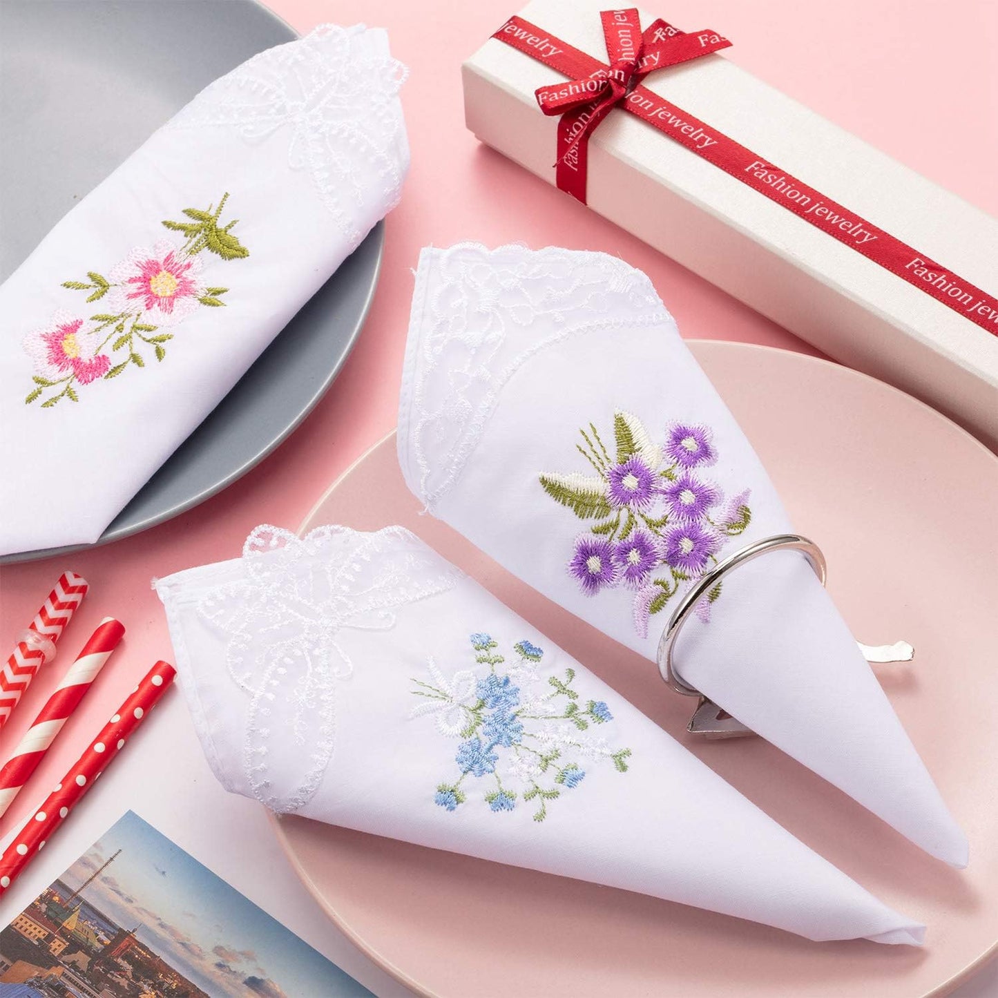 Geyoga 18 Pieces Ladies Cotton Handkerchiefs Flower Embroidered with Lace Colored Embroidered Handkerchiefs for Women Mother(Classic Styles)