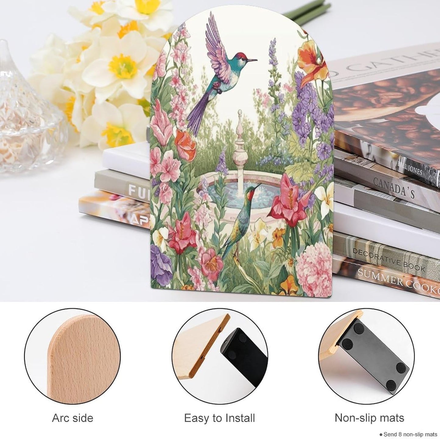 Garden with Birds and Flowers Bookend for Shelves Wooden Book End Large Size Sturdy Book Holders Stoppers with Metal Base for Bookshelves Slick Decorative Bookends Stands