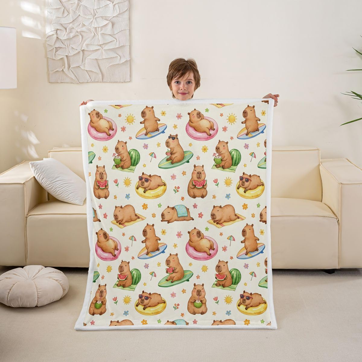Feelyou Capybaras Sherpa Throw Blanket for Couch Beach Theme Super Soft Cozy Fleece Watermelon Blanket for Winter, Plush Throw Capybara Gifts Throw 50"x60" All Season