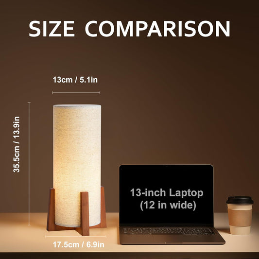 KUNJOULAM Modern Table Lamps, Nightstand Lamp with Linen Fabric Shade Brown Wooden Base, 13.9" Cylinder Bedside Table Lamp for Bedroom, Cafe, Living Room Home Decor