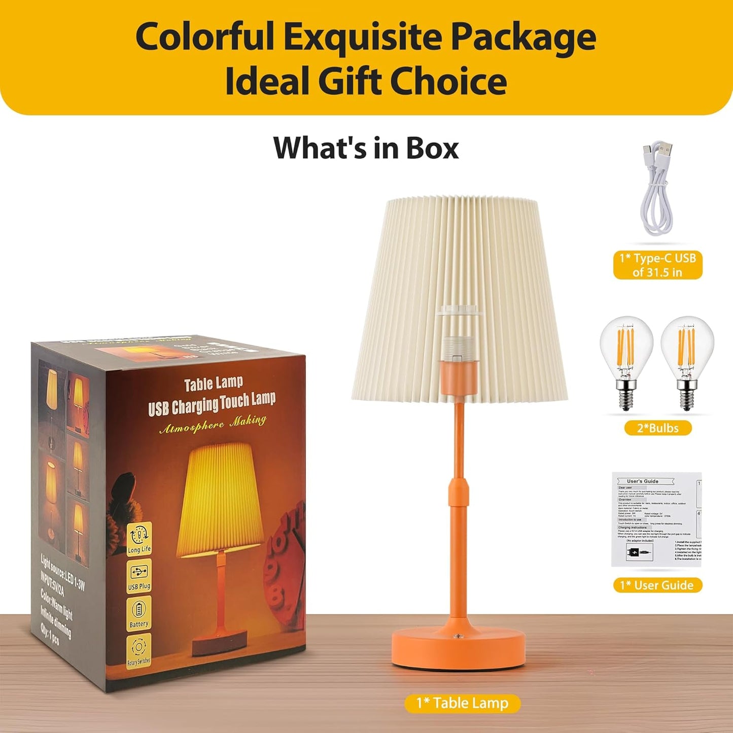 Cordless Table Lamp,5200mAh Rechargeable Table lamp with Stepless Dimming & Adjustable Height,Touch Lamps for nightstand with 2 Bulbs for Bedroom, Dining Table, Kitchen(Orange)