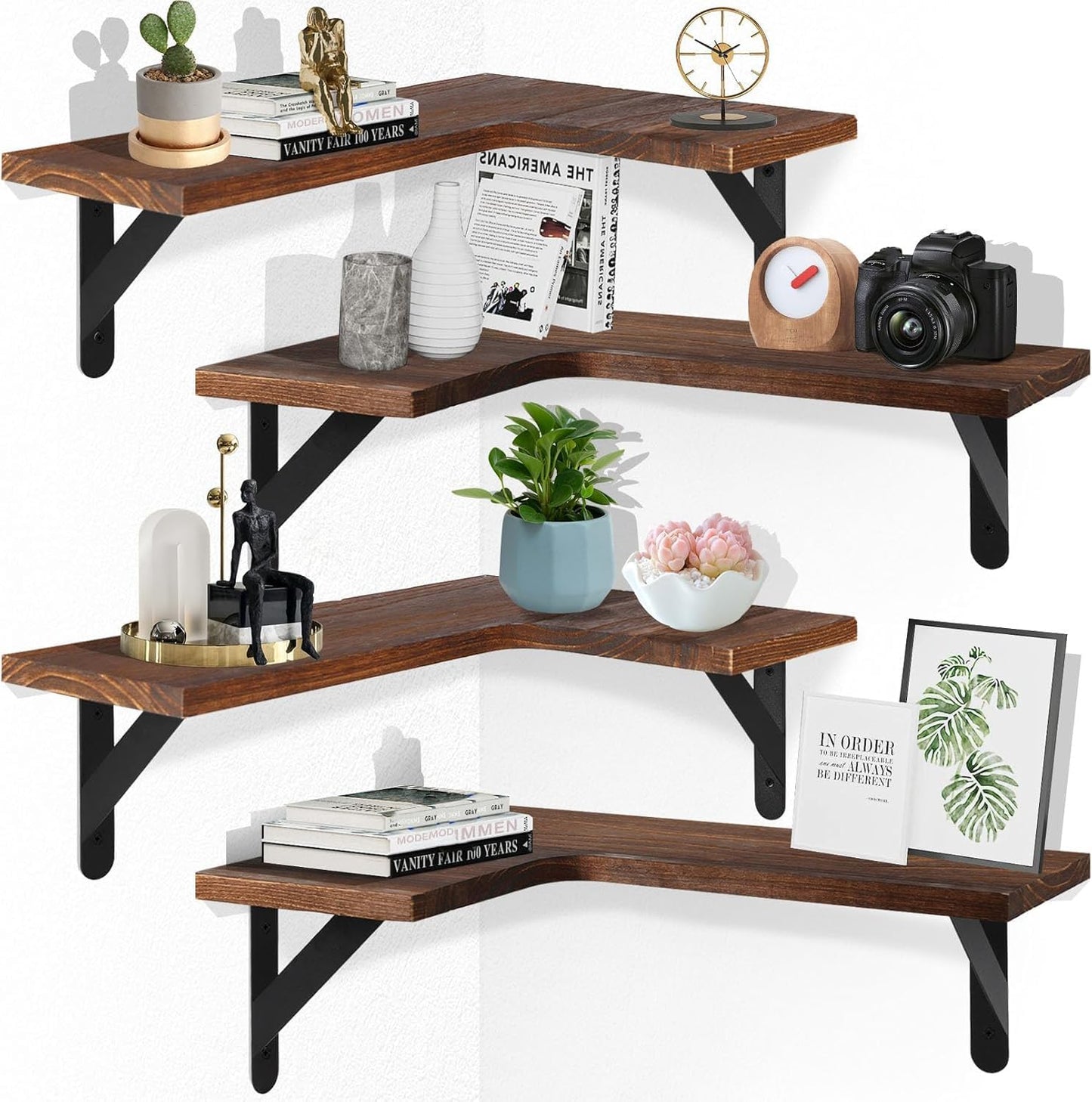Corner Floating Shelves Set of 4,L-Shaped Wall Mounted Shelf,Rustic Wood Corner Shelvesfor Wall Storage and Decor,Wall Mounted Wood Shelves for Kitchen Living Room Bedroom,Dark Brown