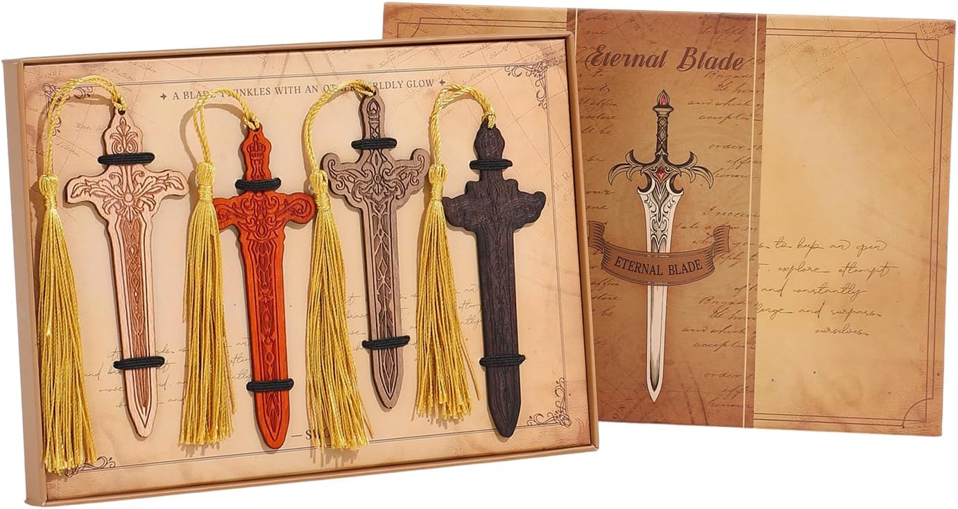 4 Pieces Sword Bookmarks with Tassel, Vintage Bookmarks for Reading, Personalized Wooden Bookmark, Unique Pattern Bookmark Engraved, Birthday Gift for Men, Women, Girls, Boys