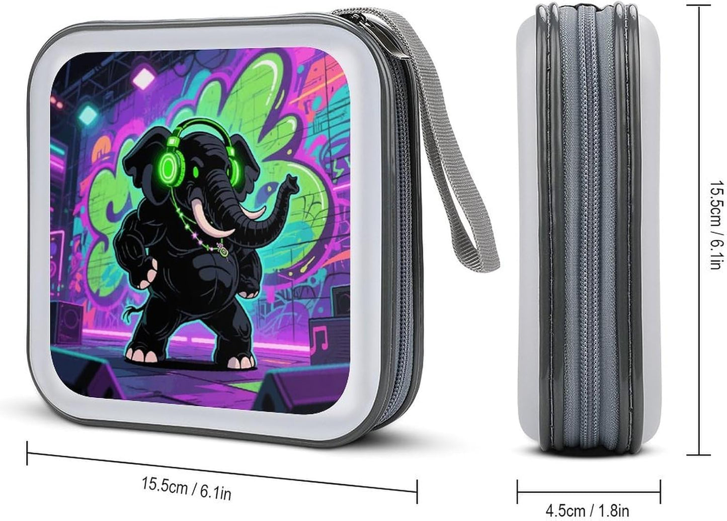 Elephant with Headphones CD Case Portable Zipper CD Case 40 Capacity Hard Plastic DVD Cases Holder Large Storage Disc Wallet Bag for Car Home Travel DVD Collection Bag
