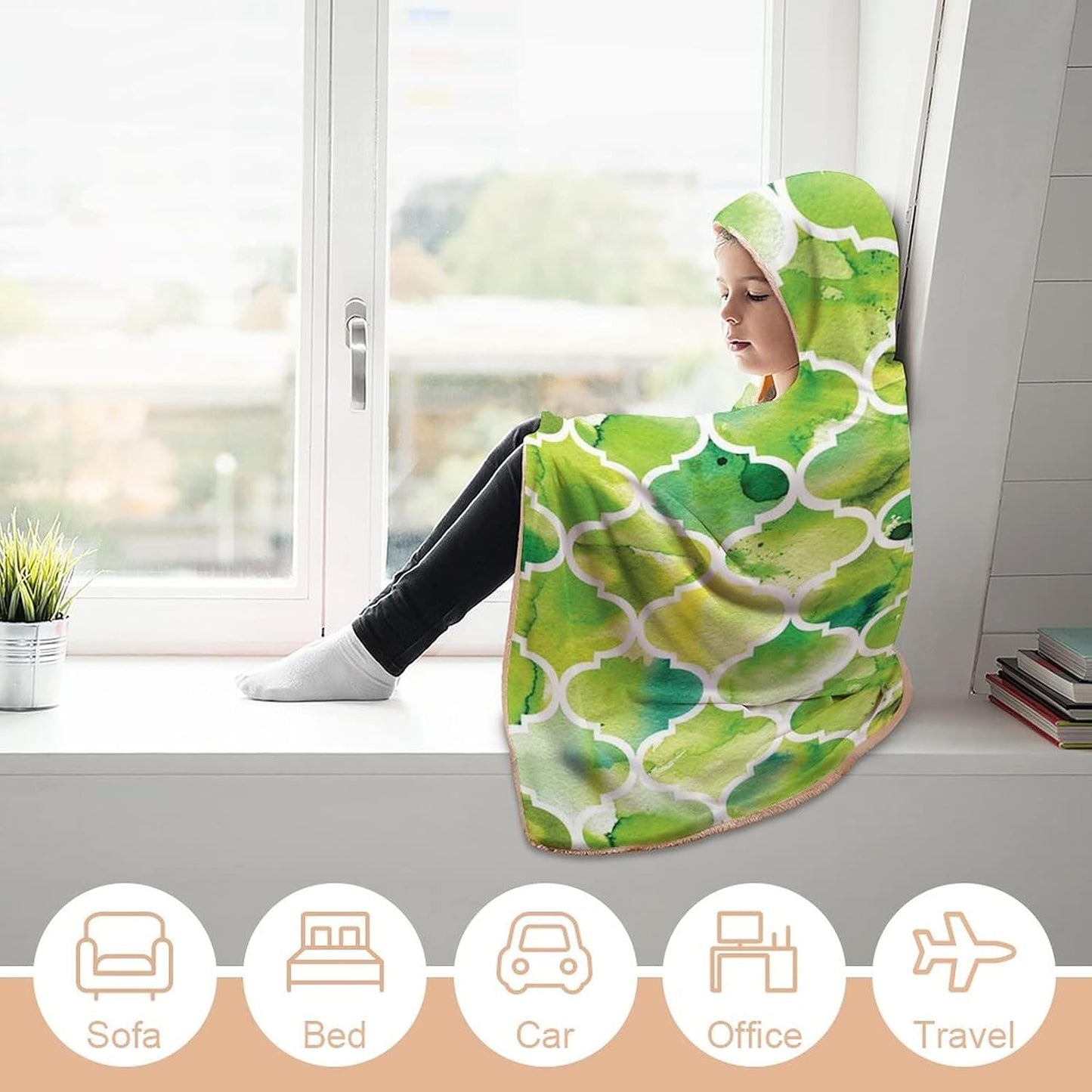 Throw Blankets, Watercolor Women Men Hooded Blanket, Moroccan Trellis Pattern in Green Tones Watercolor, Soft Warm Cozy, 60 x 80inches, Studying Reading Snuggling Napping Office