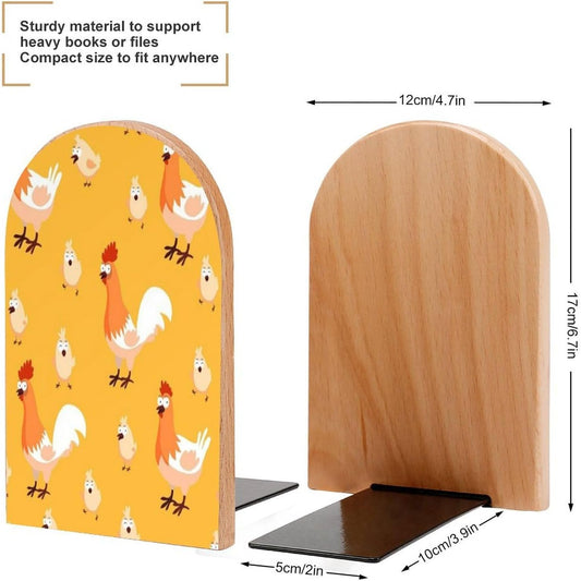 Chicken Chick Wooden Bookend Non-Slip Book Ends Heavy Duty Book Stopper with Metal Base Books Holderd Decorative Bookends Stands Firmly for Office Supplies