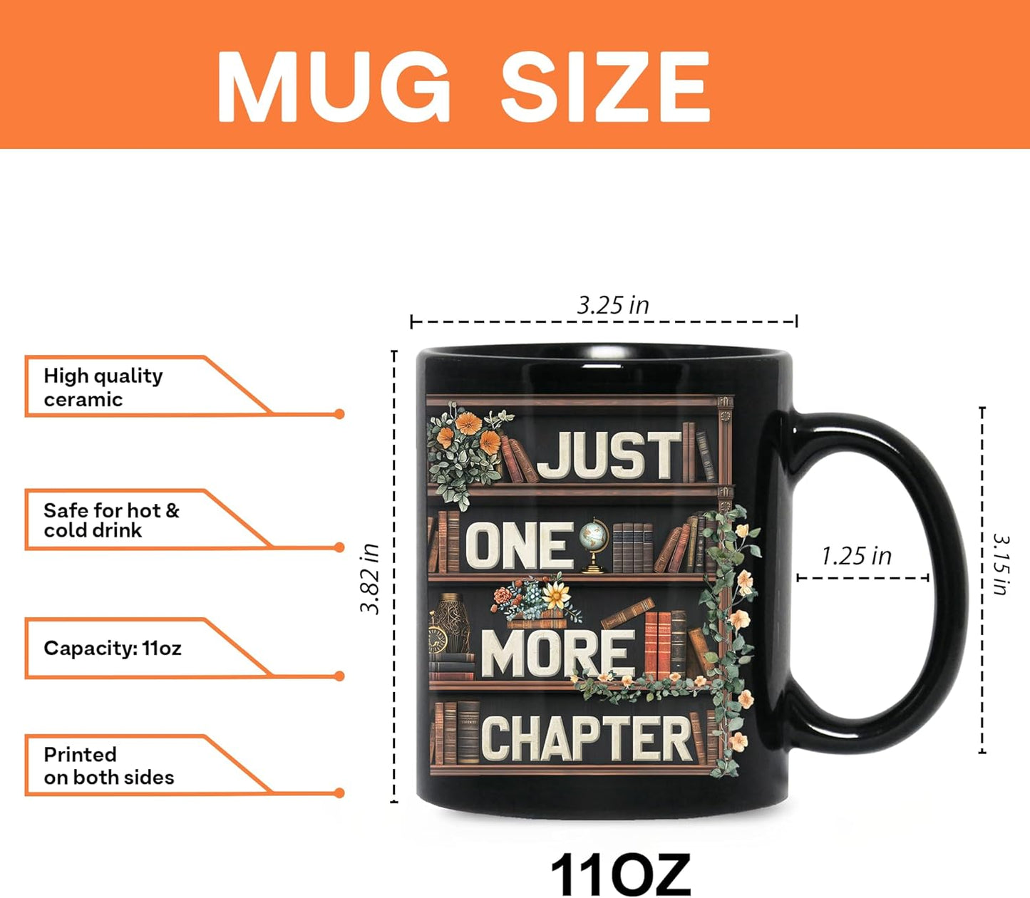 Cute Ghost Reading Mug Gifts on Birthday, Christmas, Funny Book Lover Coffee Mug For Readers, Bookish Decor for Women, Just One More Chapter, Book Club Gifts 11oz Black Ceramic Tea Cup