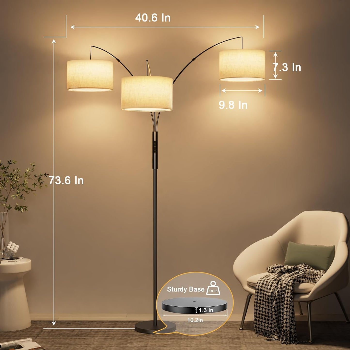 36W Corner Floor Lamp Dimmable - 3 Lights Arc Floor Lamps Standing Lamp with Remote & Touch Control, Tall Lamp for Living Room Corner, Bedroom, Office
