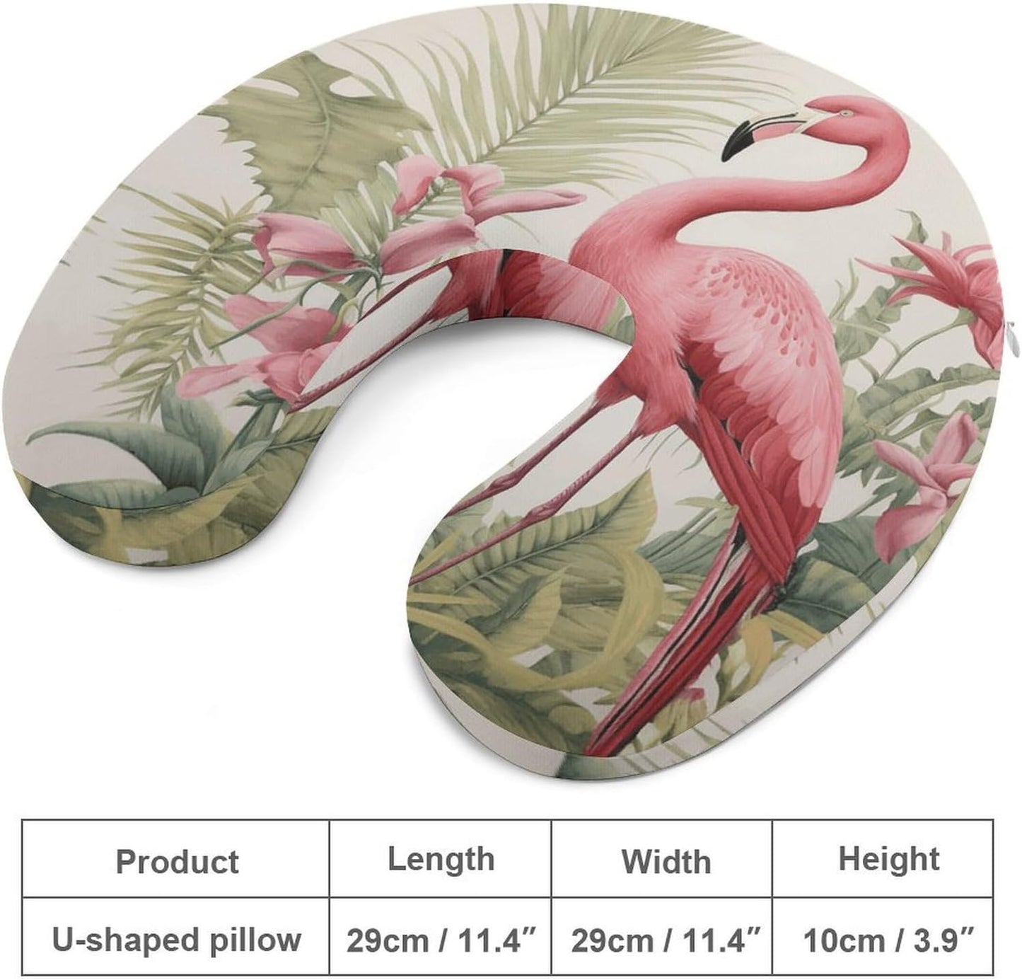 Flamingo and Leaves Neck Pillow Memory Foam U Shaped Pillows Portable Pillows for Shoulder Travel Head Support Pillow with Concealed Zipper for Airplane Car Home Office