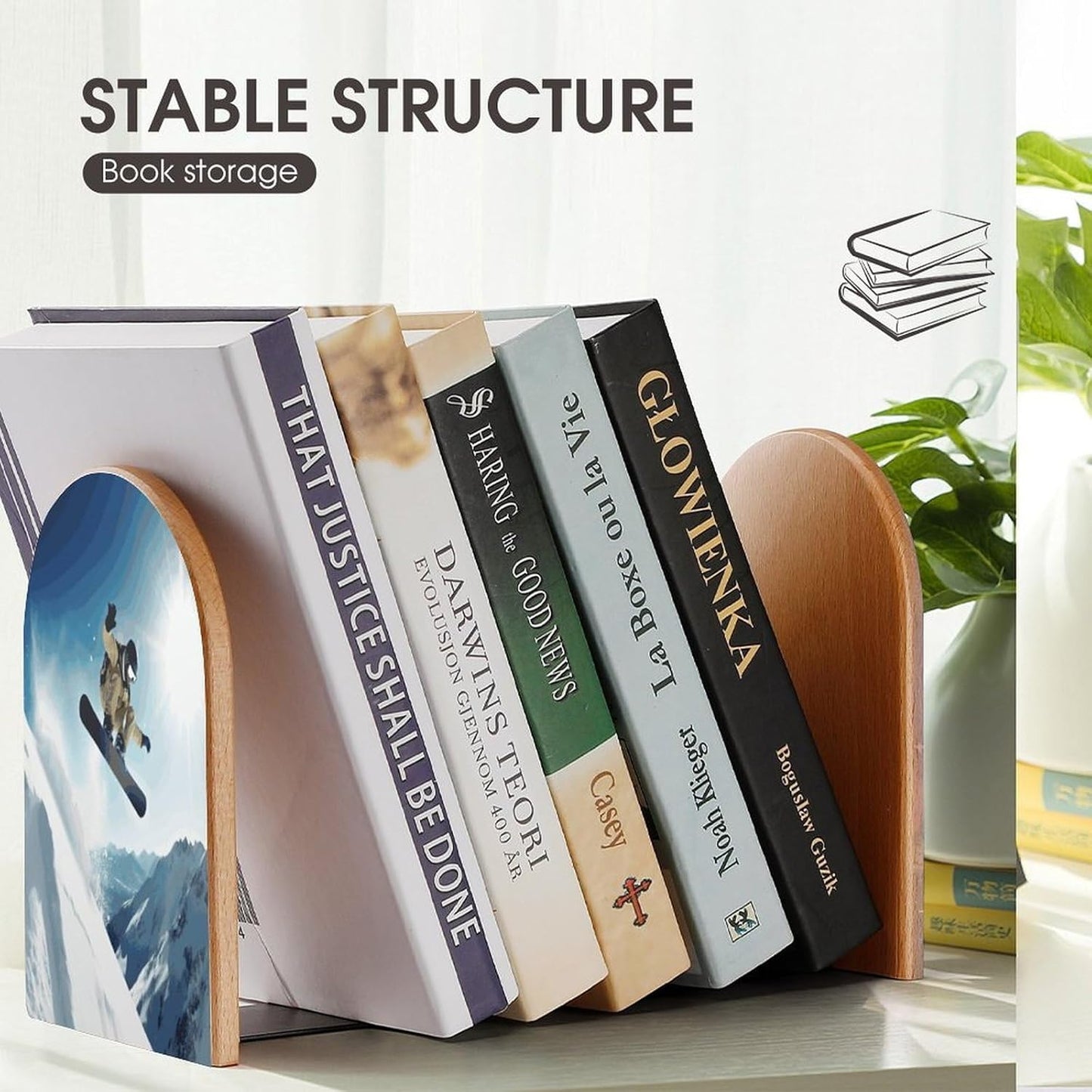 Non-Slip Bookend for Shelves Snowboarding Wooden Bookends with Metal Base Decorative Book Stopper for Home Heavy Duty Wood Book Storage for Books/CDs