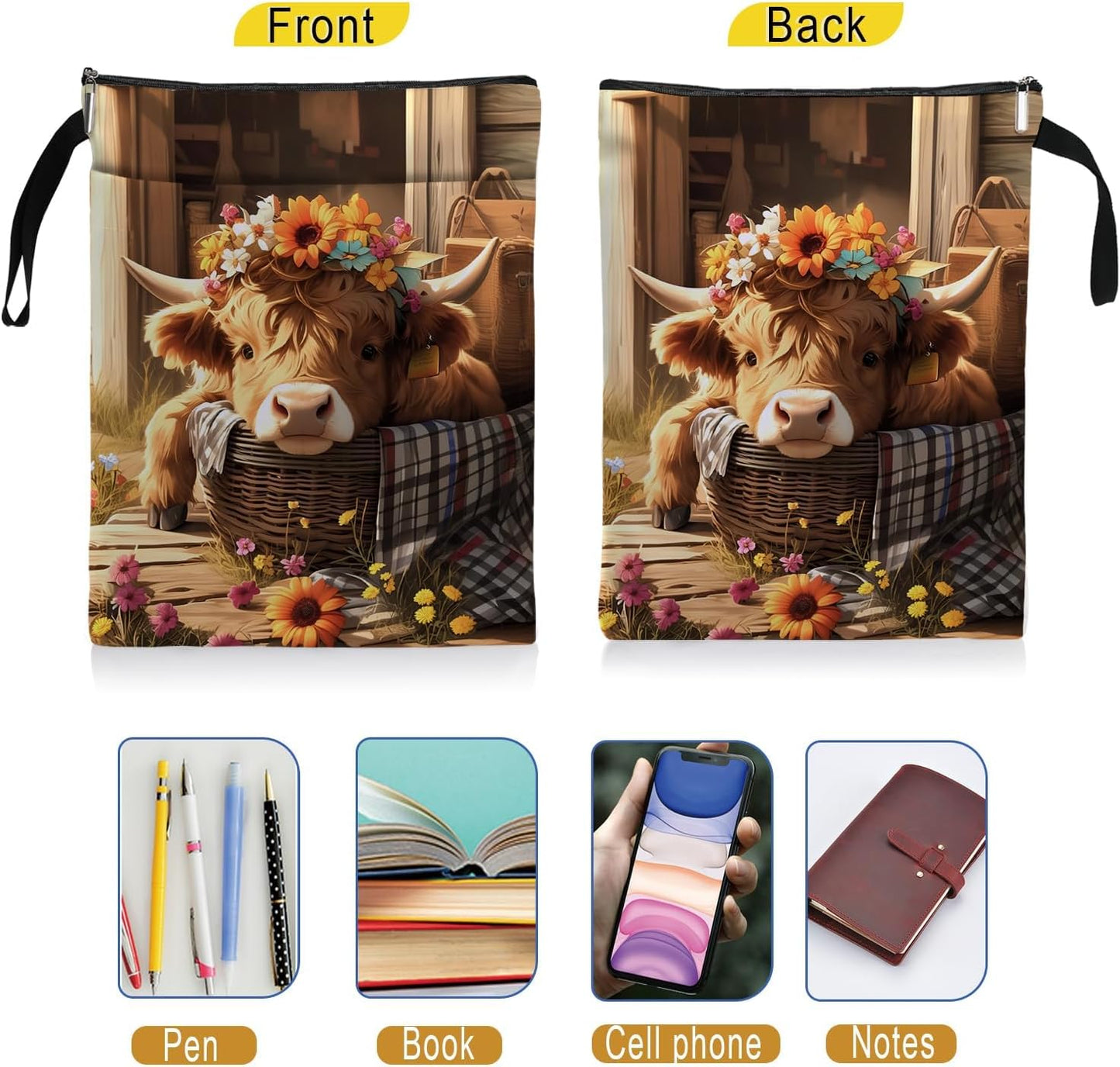 Vintage Highland Cow Print Theme Book Sleeve, Book Lovers Gifts, Bookish Gifts Book Pouch for Zipper Book Cover for Animal Lovers Birthday Christmas Gift