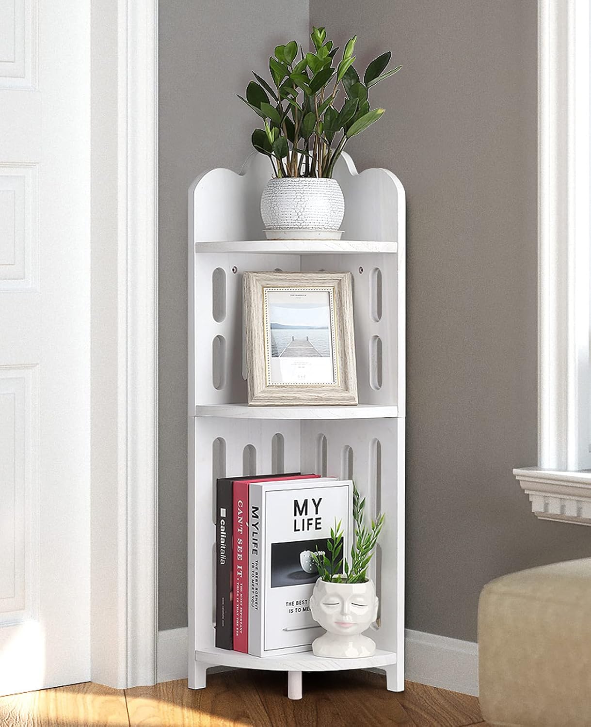 Meangood Bathroom Corner Shelf Stand, 3 Tier Solid Wood Display Shelf for Narrow Space, Shower Corner Shelf, Plant Stand Nightstand, for Living Room, Bedroom, Home Office, Elegant White