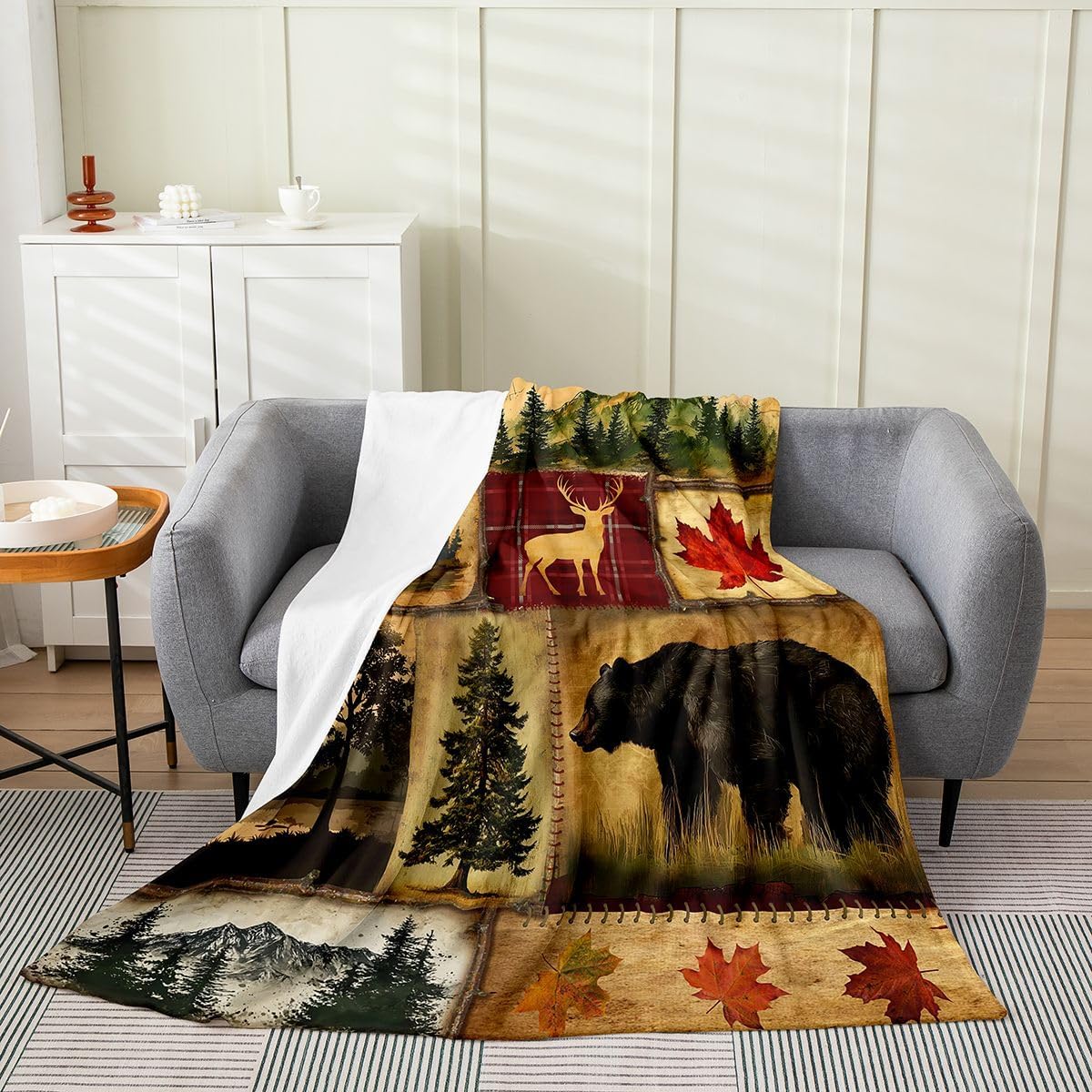 Rustic Farmhouse Queen, Retro Cabin Lodge Fuzzy Blanket, Hunting Bear Deer Fleece, Country Maple Leaves Plush, Rustic Woodland Pine Tree Flannel Soft Cozy, Red Brown