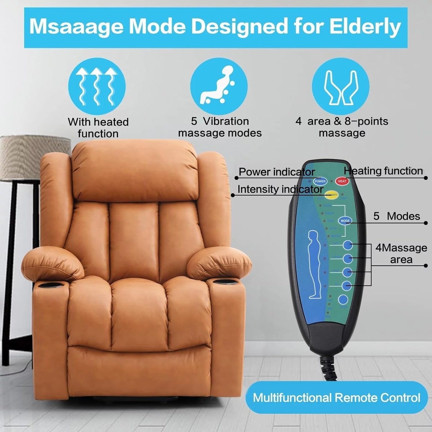 Oversized Power Lift Recliner Chair for Elderly, Big and Tall Electric Lift Chair with Heat and Massage, PU Leather Reclining Sofa with Cup Holders, Side Pockets, USB Port
