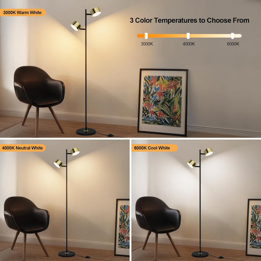 LED Floor Lamp with 3 Color Temperatures, Flexible Heads & Foot Switch, Adjustable Standing Reading Lamp for Office, Bedroom & Living Room