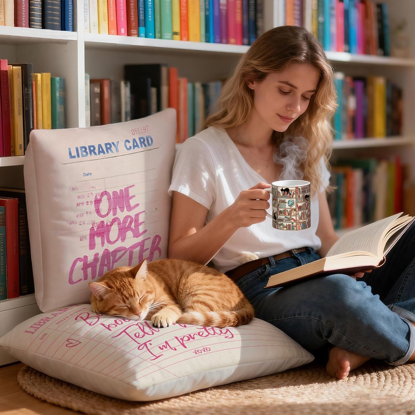 Cat Book Coffee Mug Gifts for Book Lovers Readers, Library Bookshelf Cup for Librarian Bibliophile, Bookworm Club Gifts for Friends - Reading Writer Women Black Coffee Cup 11oz