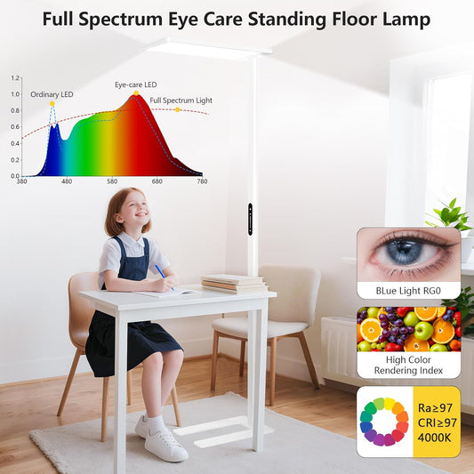 120W Led Floor Lamp, 10000LM Full Spectrum Eye Care Standing Lamp, 77" Tall Floor Lamp with 4000K Natural Daylight, Dimmable Bright Standing Light for Bedroom, Living Room, Study Room, Office