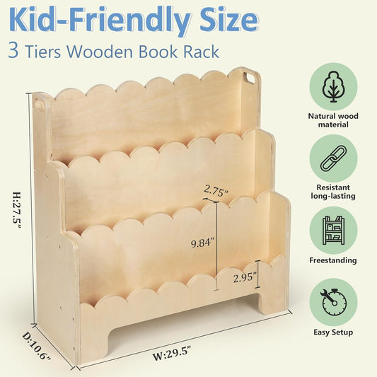 Kids Bookshelf Wooden 3-Tier, Scalloped Book Shelf for Kids Rooms, Front Facing Toddler Montessori Bookshelf, Baby Nursery Book Shelves Kids Classroom Bookshelf Bookcase