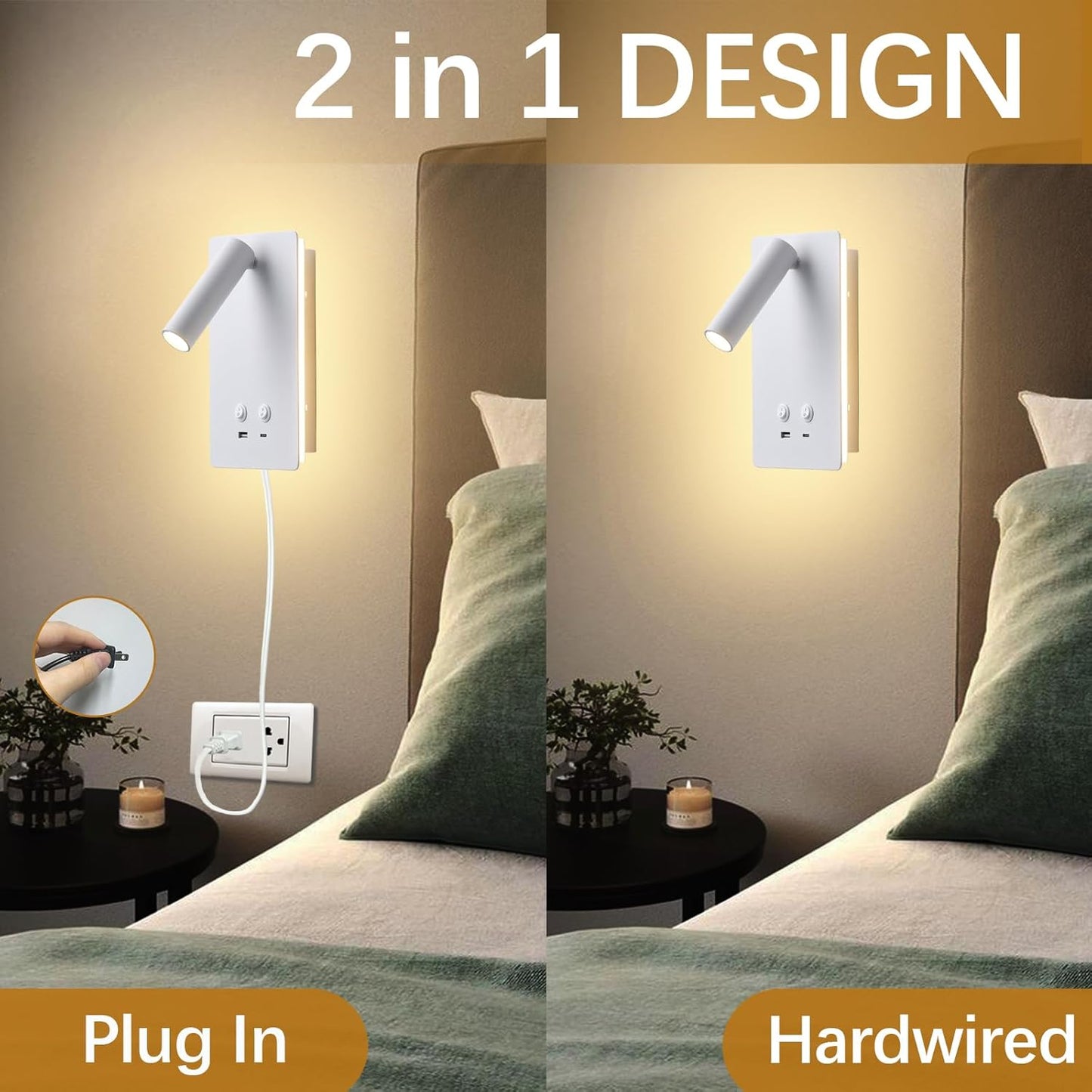 MOLUOLA LED Wall Lamp Wall Mounted Reading Lights, Adjustable Headboard Plug in Wall Sconce with USB C+A Ports, Headboard Bedside Lamp with 9W+3W Night Light 3000K (White)