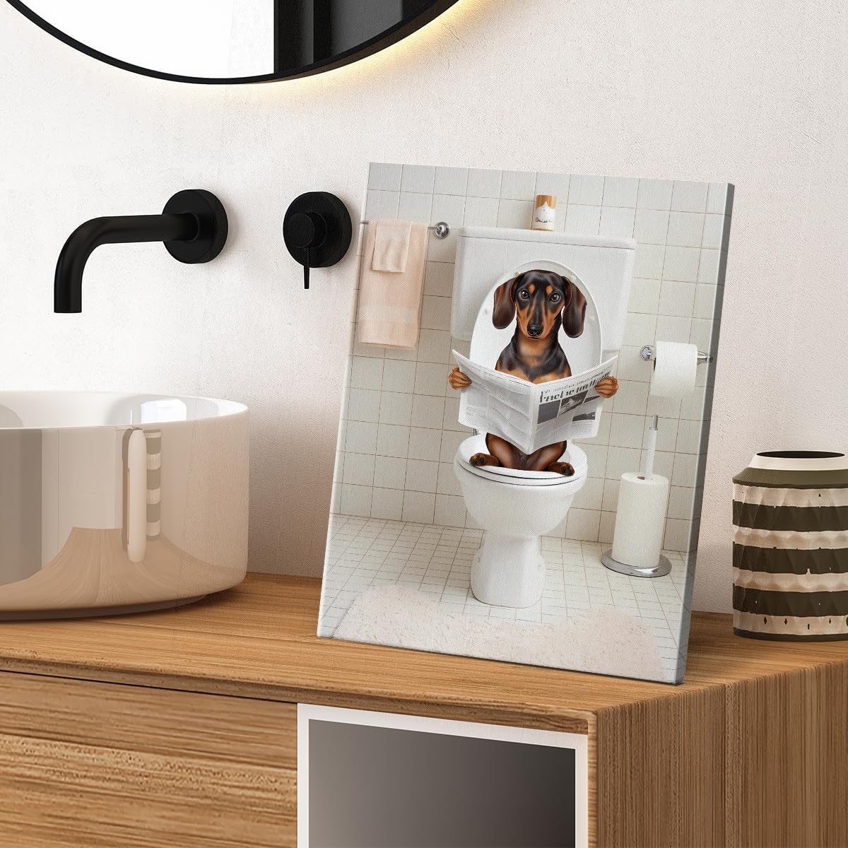 QPVXSST Funny Dachshund Bathroom Wall Art Dachshund Dog Reading Newspaper on Toilet Picture Poster Toilet Humor Modern Artwork Bathroom Wall Decor 8X10 Inches