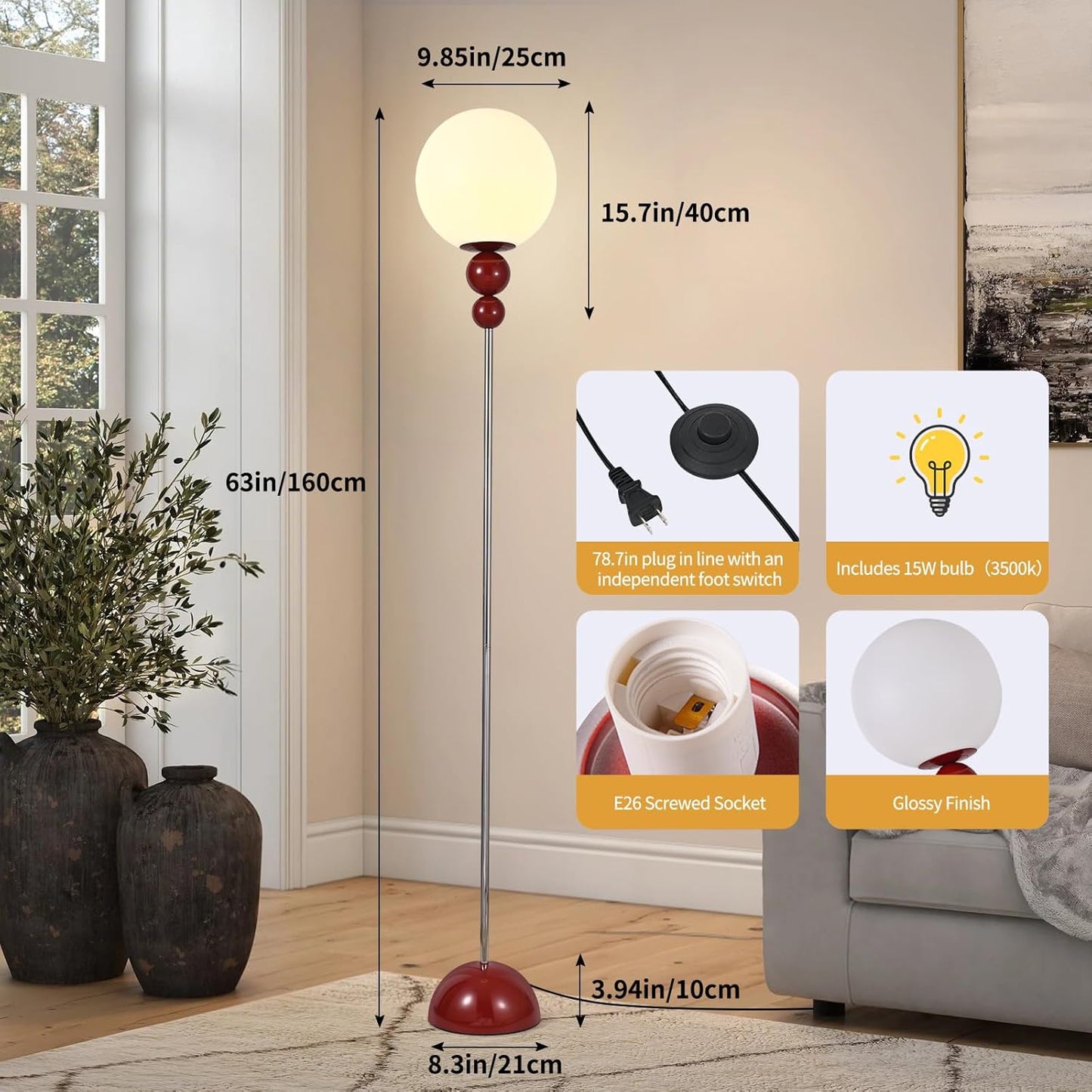 Red Floor Lamp for Living Room, Modern Floor Lamps for Bedroom，On/Off Foot Switch, Globe Standing Lights for Office Cafe, Includes E26 Bulb 15W Reading Corner Light Include 70.87in Plug Cord