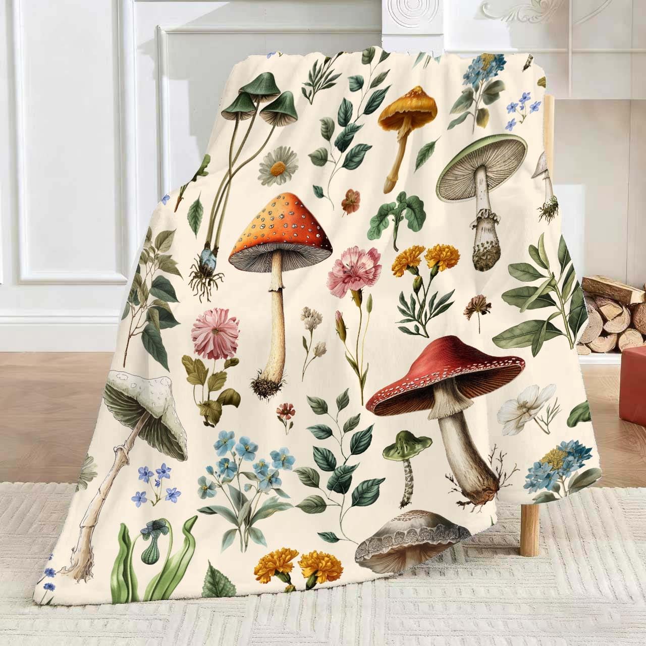 MASLEK Mushroom Floral Blanket Cozy Soft Flannel Throw Vintage Beige Botanical Nature Design Lightweight Warm Blanket for Couch Bed Sofa Gift for Women Men, 50x60 Inch