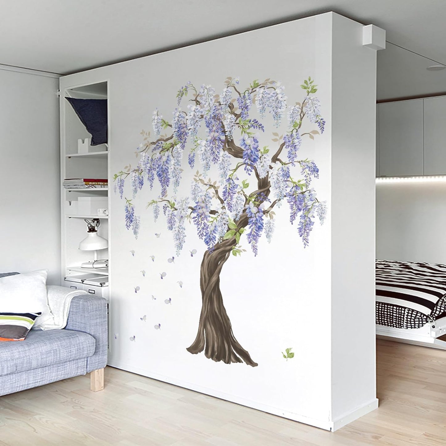 wondever Purple Flower Tree Wall Stickers Large Tree Hanging Wisteria Floral Peel and Stick Wall Art Decals for Bedroom Living Room Sofa TV Background