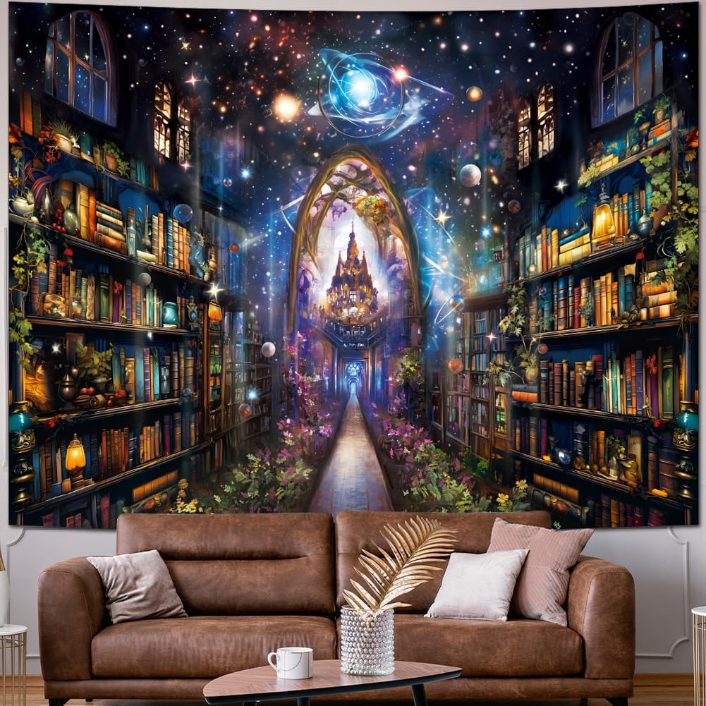 Heynvioo Mysterious Bookshelf Tapestry Galaxy Space Library Tapestry Fantasy Landscape Vintage Aesthetic Tapestries Book Decoration Wall Hanging Decor for Bedroom Home