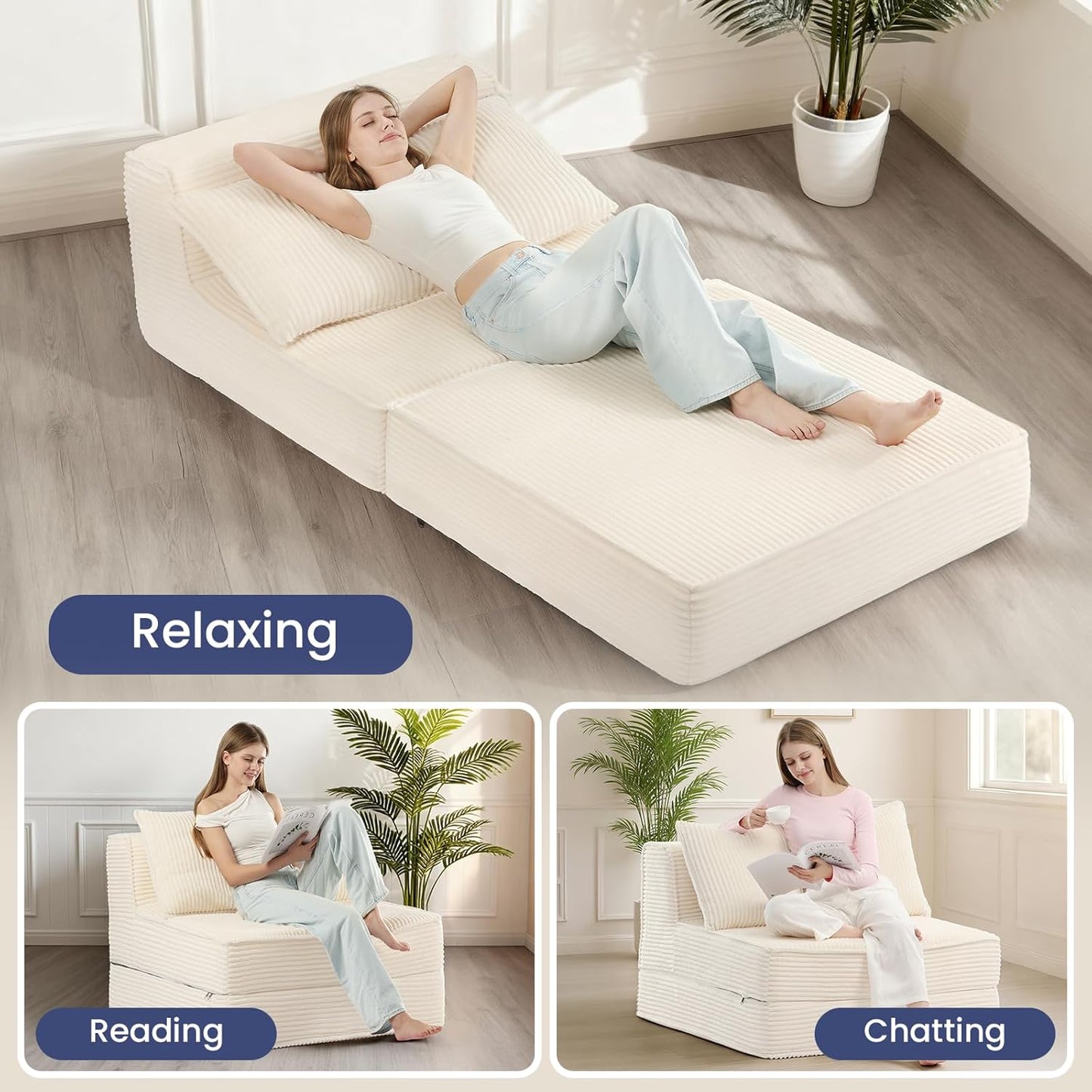 Folding Sofa Bed, Convertible Sleeper Chair with Pillow,Corduroy Comfy Floor Futon for Living Room Bedroom,No Assembly Required,Beige