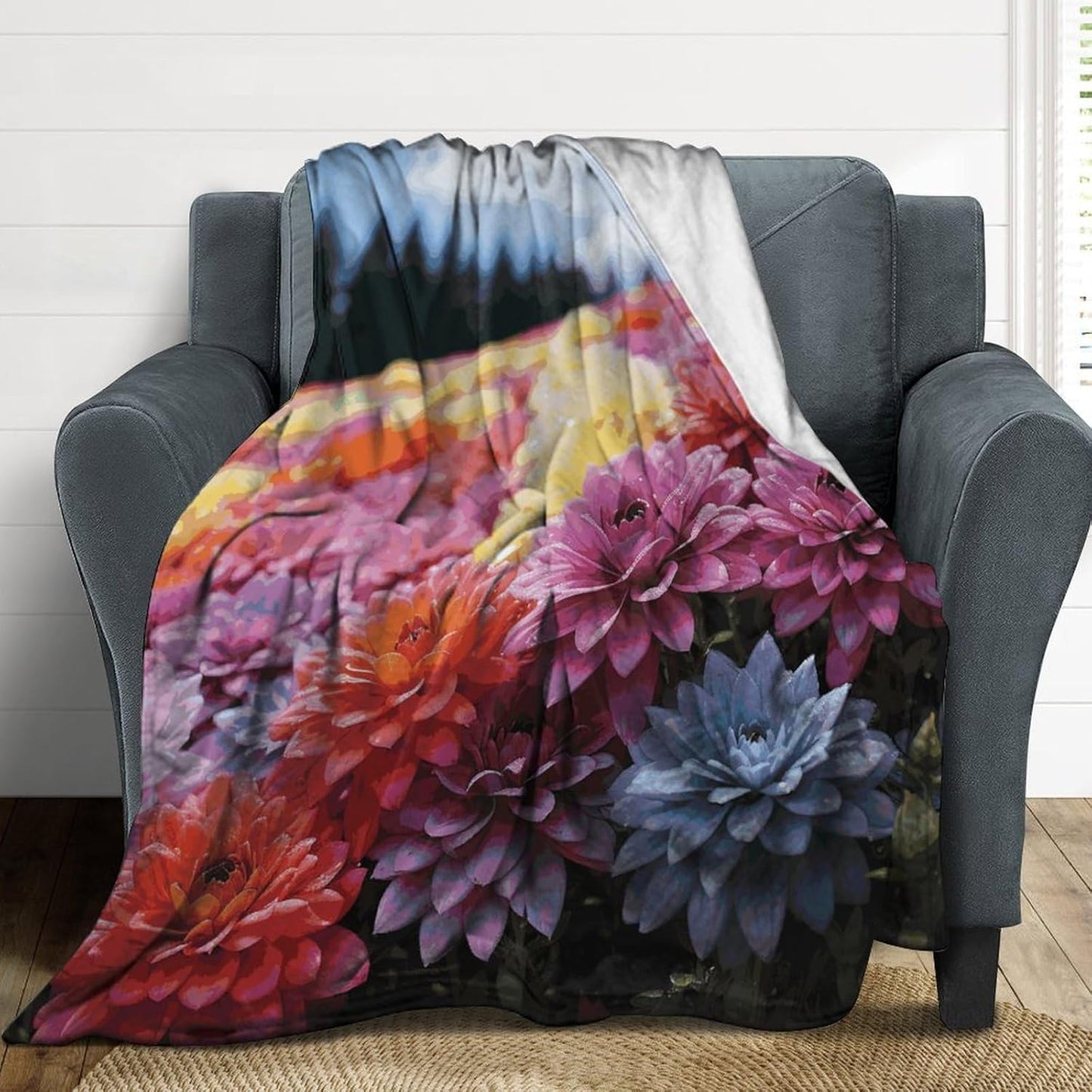 Rainbow Flower Sea Blanket Super Soft Lightweight Throw Blanket Cute Cozy Warm Bed Blanket Decorative Fuzzy Blanket All-Season Home Decor Gift for Sofa Couch Living Room 50"*60"（130 * 150cm）