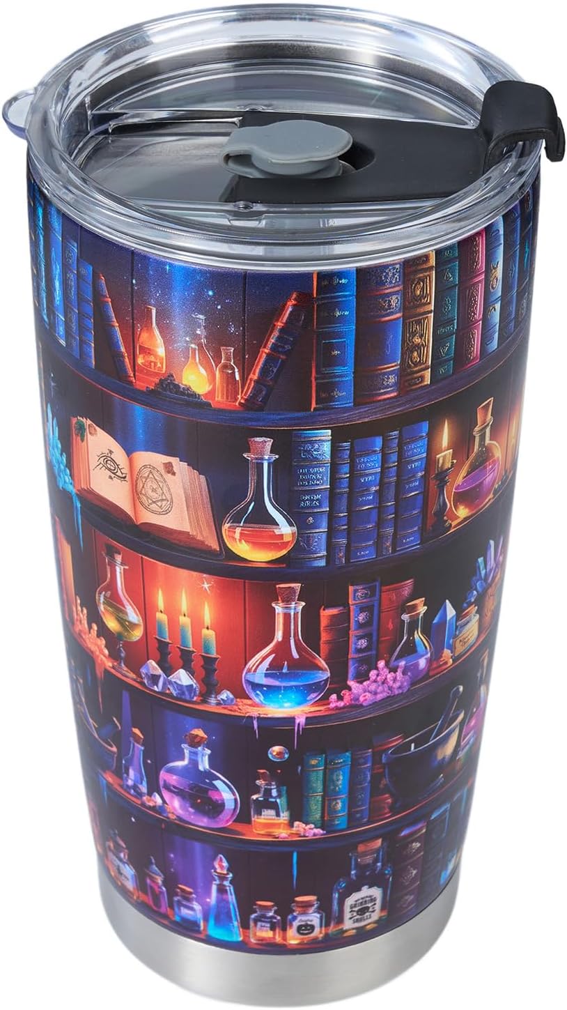 Book Lovers 20oz Stainless Steel Tumbler – Colorful Bookshelf Design Cup – Insulated Travel Mug with Lid – Gift for Readers, Fantasy Lovers, Halloween, Christmas