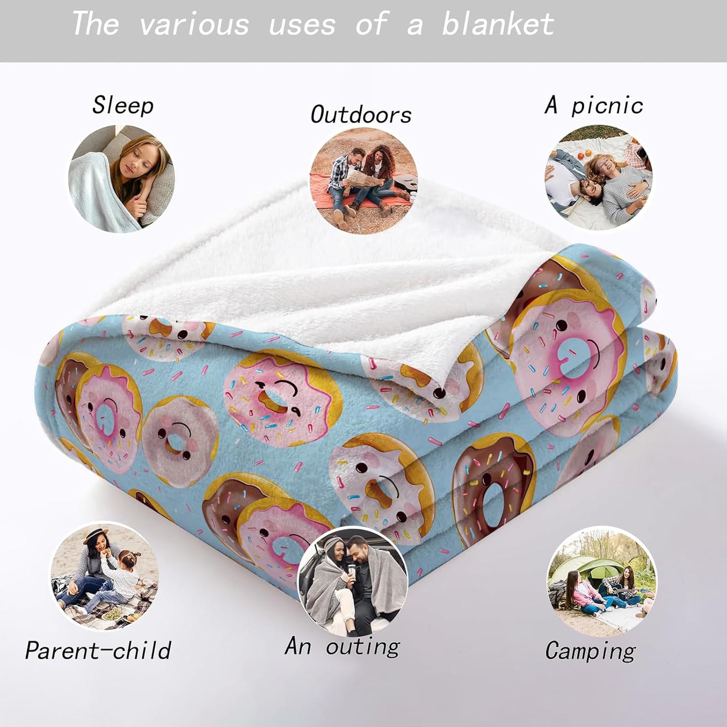 Cute Donut Throw Blanket - 50x60in,Ultra Soft, Cozy Lightweight Flannel,Cartoon Doughnut Blankets - Gifts for Kids & Sweet Lovers,for Couch Office Travel,Artistic Home Decor Accessory