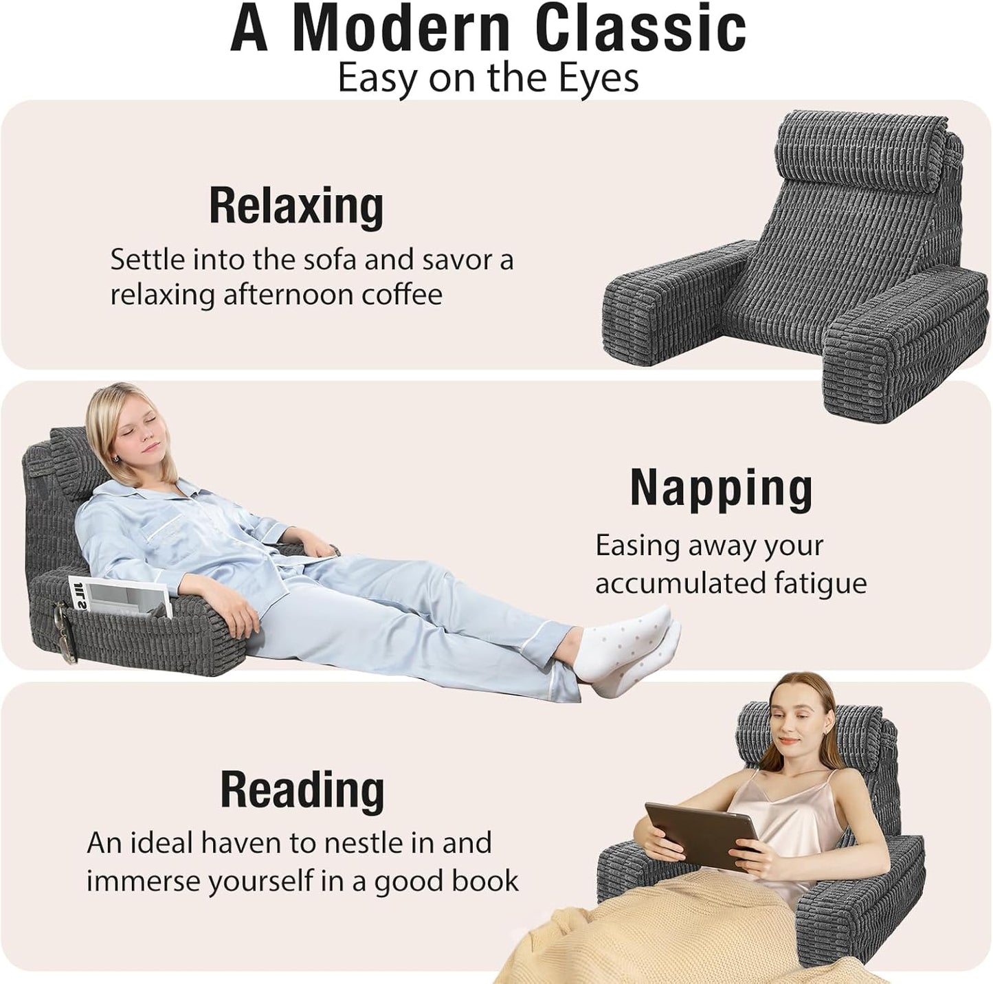 19" Reading Pillow for Bed with Built-in Arms & Large Pockets, Supportive Backrest Cushion for Reading, Resting, or Reclining, Washable Cover – Grey