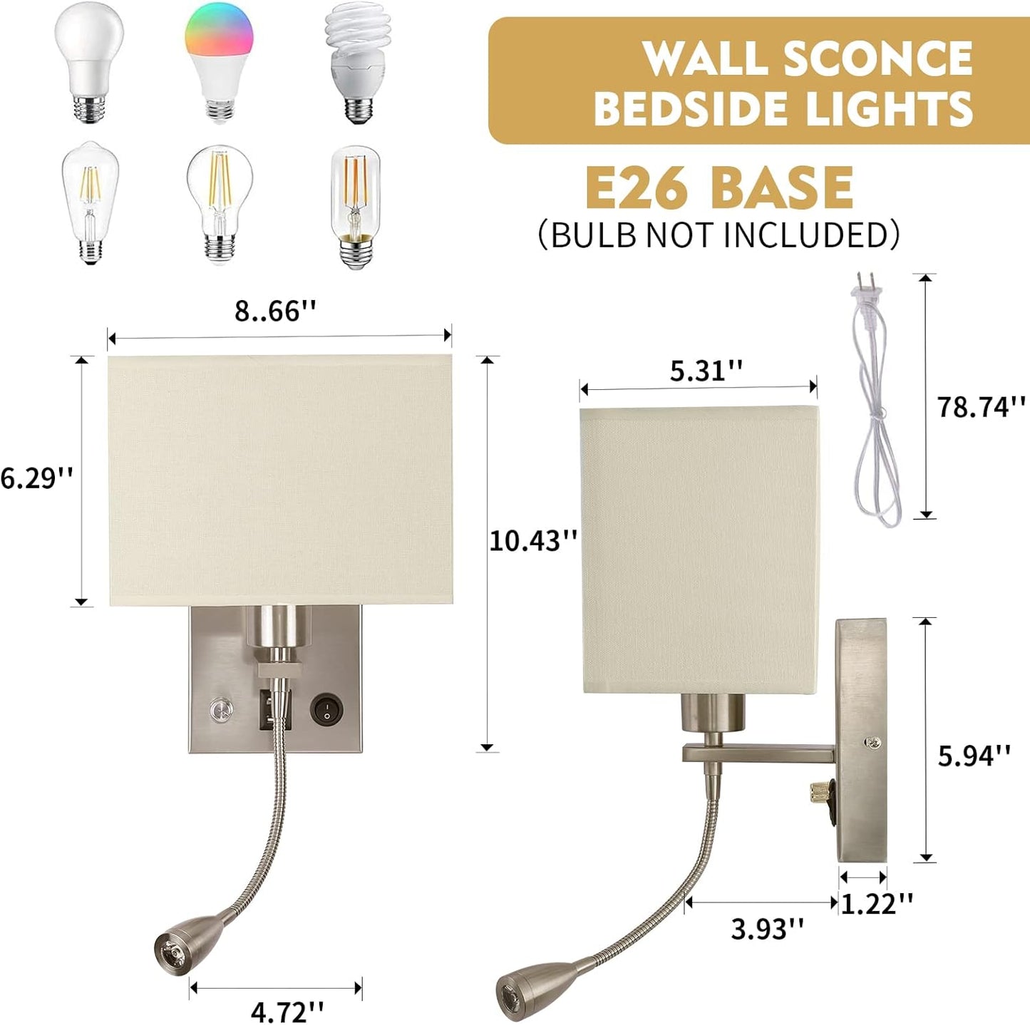 2-Pack Bedside Lights, Plug in Wall Sconce with Two USB Charging Ports, Dimmable Reading Lamp with Fabric Shade and On/Off Switch, for Home or Hotel, Brushed Nickel