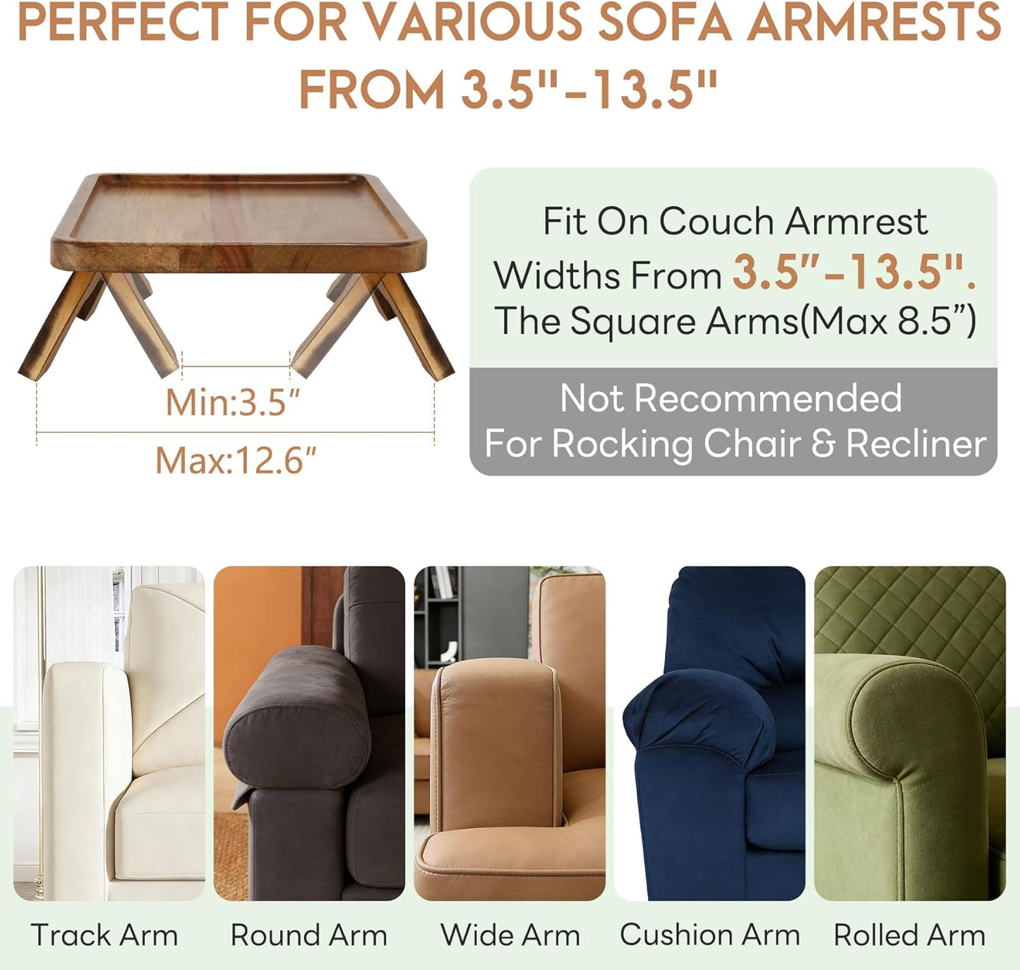 SINWANT Couch Arm Table,Acacia Wood Sofa Arm Rest Tray for Couch,13.78" Foldable Couch Armrest Tray Tables for Home Apartment Small Spaces